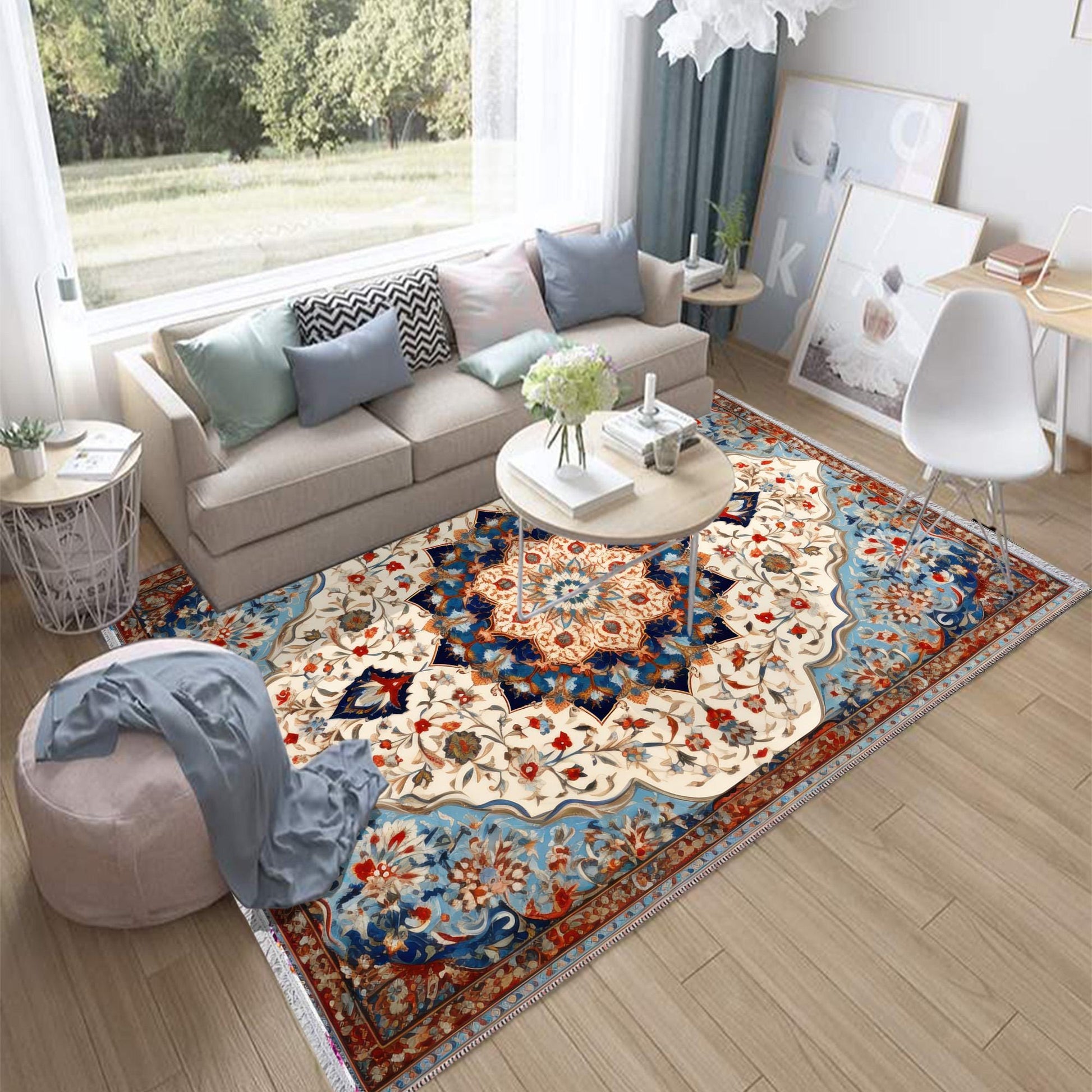 Persian Vintage Style Rug, Blue Red Turkish Ottoman Carpet, Soft Textured Kitchen Runner, Bohemian Area Rugs for Living Room & Bedroom