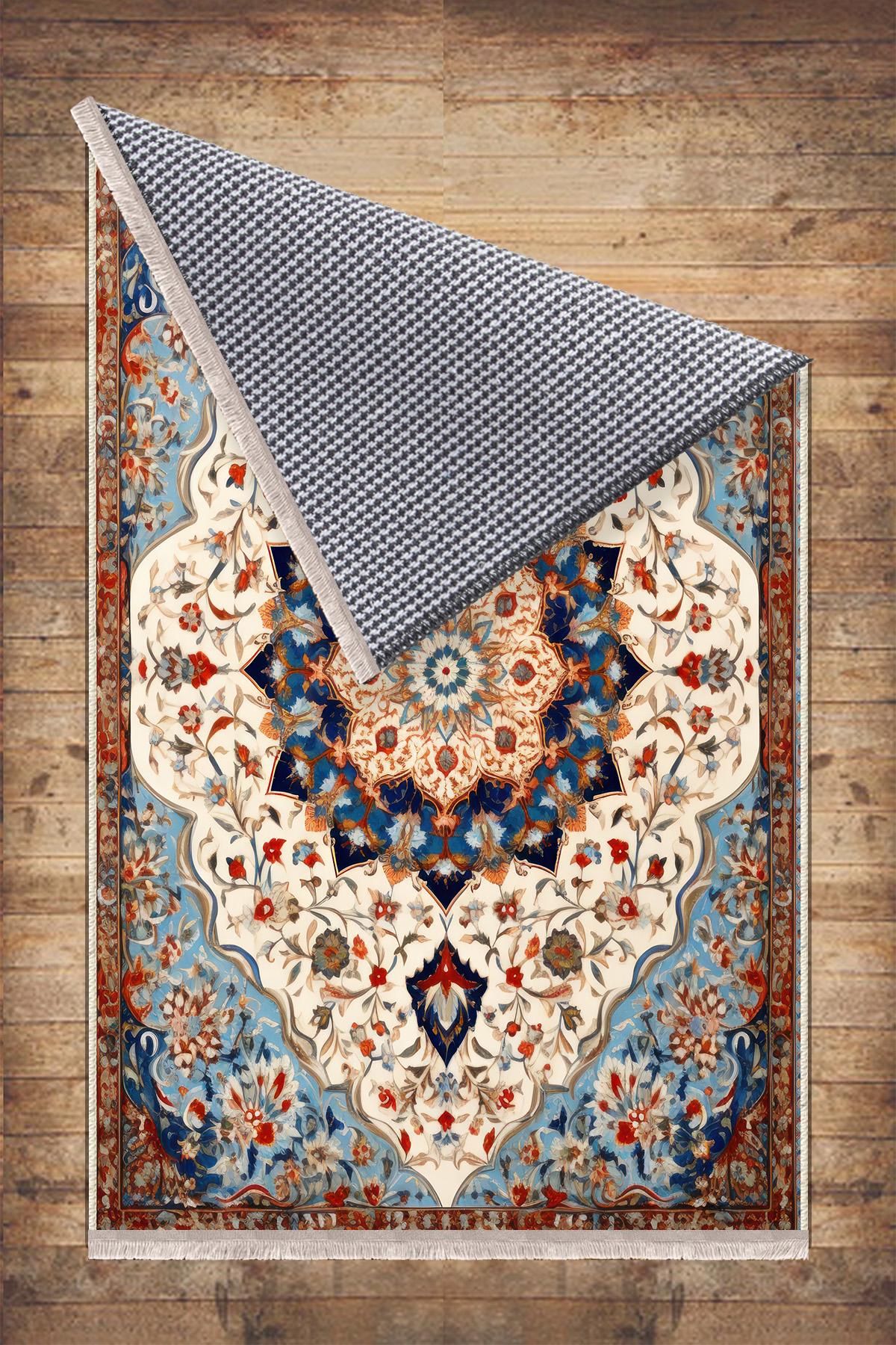 Persian Vintage Style Rug, Blue Red Turkish Ottoman Carpet, Soft Textured Kitchen Runner, Bohemian Area Rugs for Living Room & Bedroom
