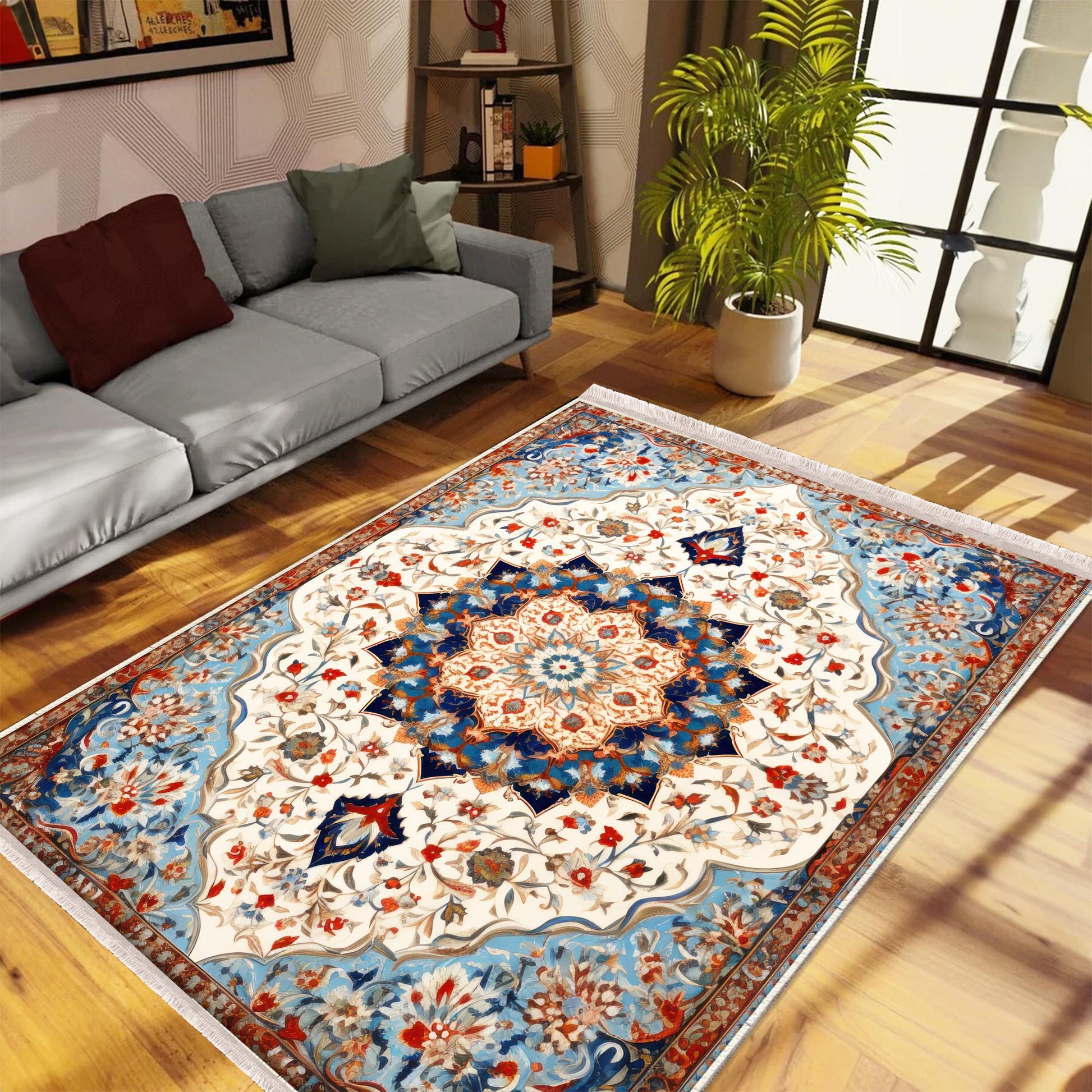 Persian Vintage Style Rug, Blue Red Turkish Ottoman Carpet, Soft Textured Kitchen Runner, Bohemian Area Rugs for Living Room & Bedroom