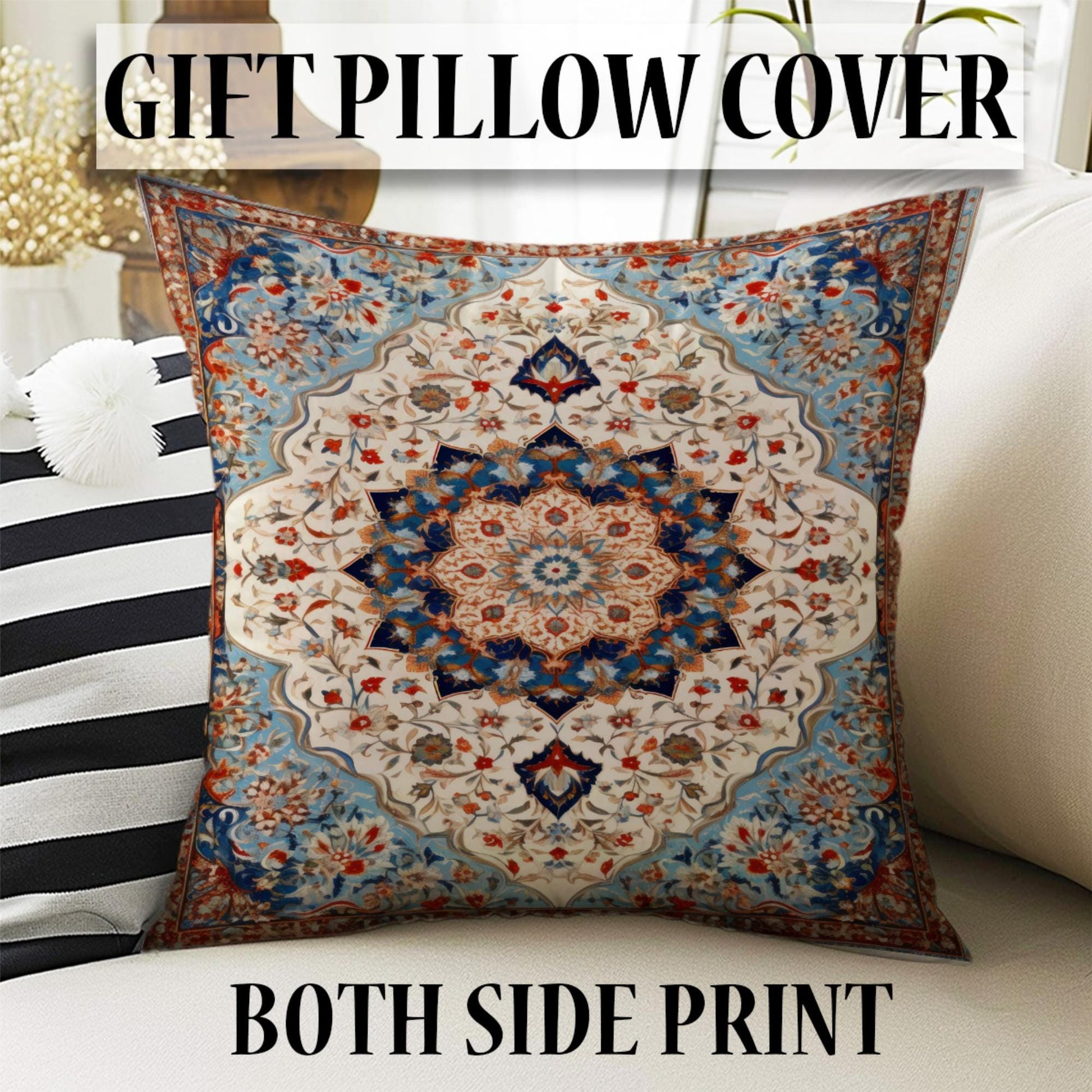 Persian Vintage Style Rug, Blue Red Turkish Ottoman Carpet, Soft Textured Kitchen Runner, Bohemian Area Rugs for Living Room & Bedroom