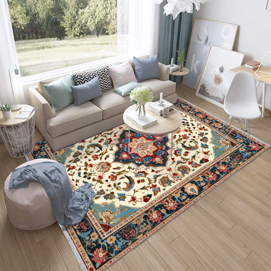 Persian Vintage Style Rug, Blue Red Turkish Floral Carpet, Soft Textured Kitchen Runner, Bohemian Area Rugs for Living Room & Bedroom