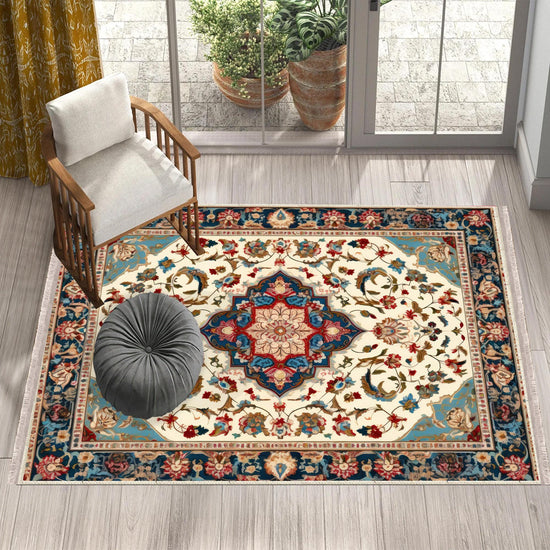 Persian Vintage Style Rug, Blue Red Turkish Floral Carpet, Soft Textured Kitchen Runner, Bohemian Area Rugs for Living Room & Bedroom