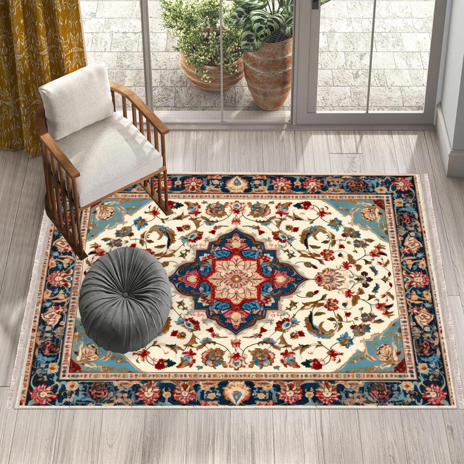 Persian Vintage Style Rug, Blue Red Turkish Floral Carpet, Soft Textured Kitchen Runner, Bohemian Area Rugs for Living Room & Bedroom