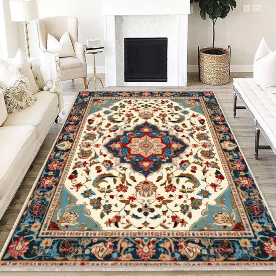 Persian Vintage Style Rug, Blue Red Turkish Floral Carpet, Soft Textured Kitchen Runner, Bohemian Area Rugs for Living Room & Bedroom