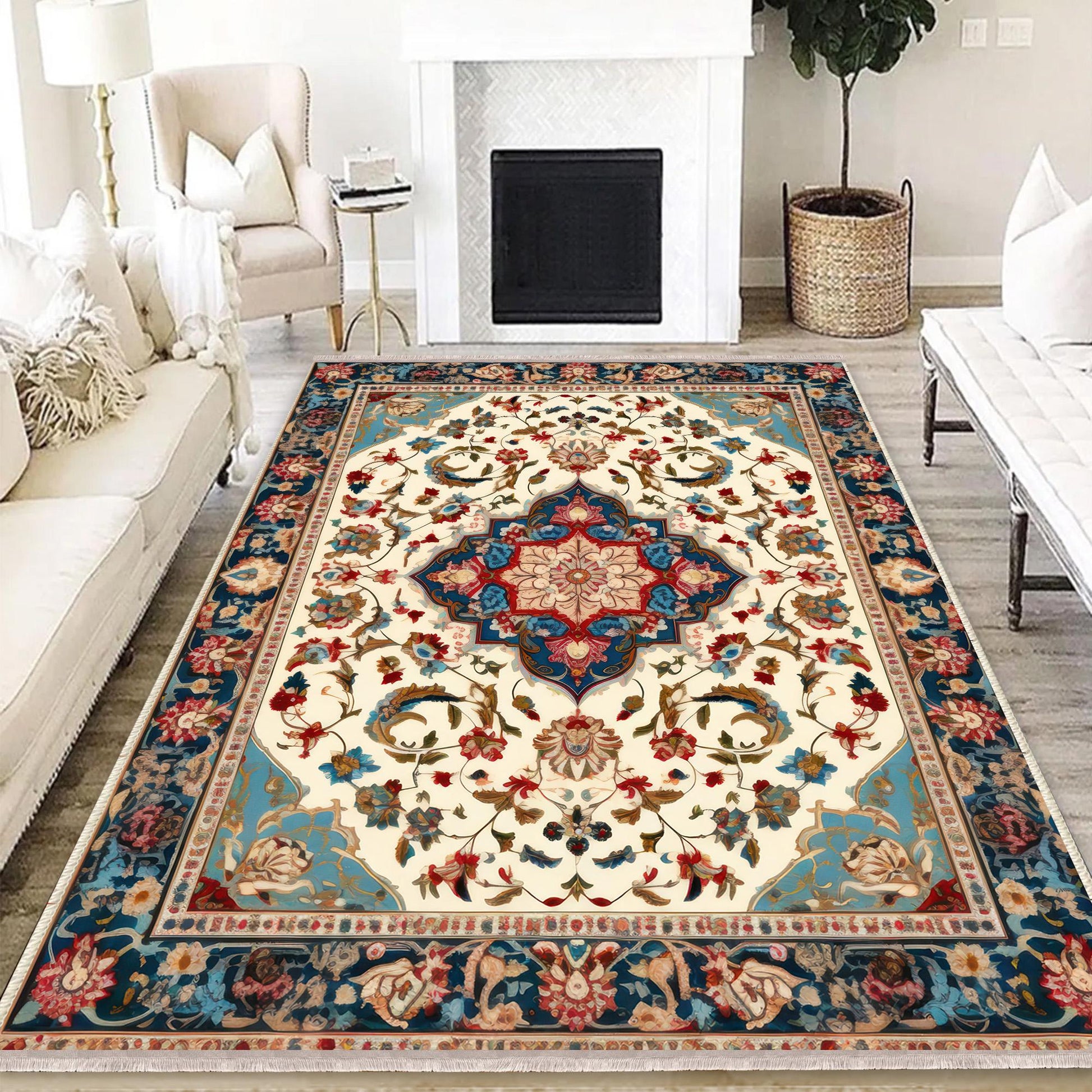 Persian Vintage Style Rug, Blue Red Turkish Floral Carpet, Soft Textured Kitchen Runner, Bohemian Area Rugs for Living Room & Bedroom