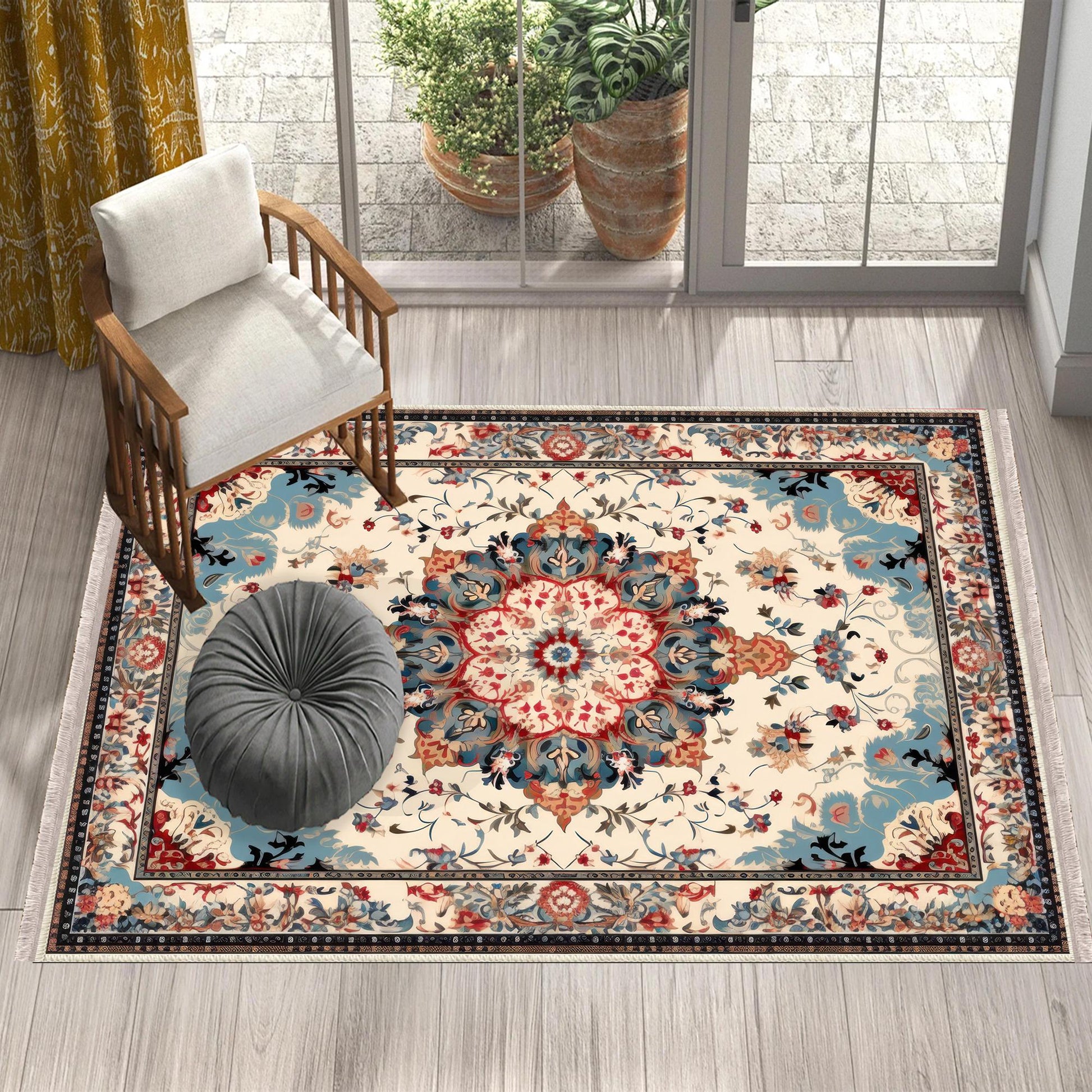 Persian Vintage Style Rug, Blue Red Brown Turkish Floral Carpet, Soft Textured Kitchen Runner, Bohemian Area Rugs for Living Room & Bedroom