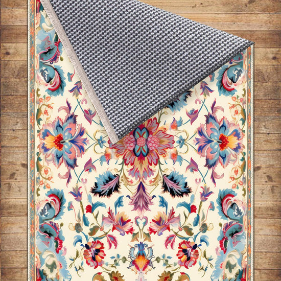 Persian Vintage Style Rug, Colorful Flower Turkish Floral Carpet, Soft Textured Kitchen Runner, Bohemian Area Rugs for Living Room & Bedroom