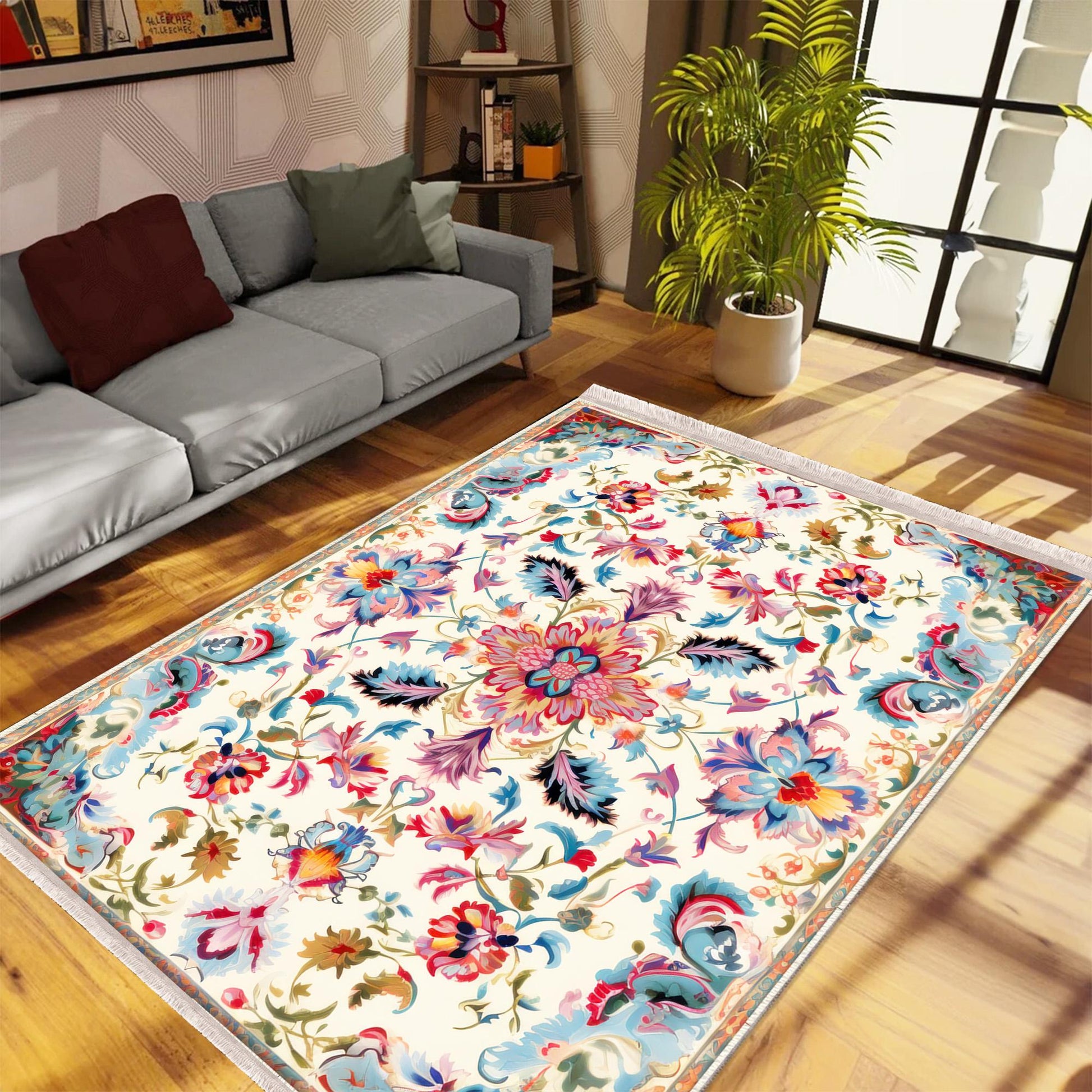 Persian Vintage Style Rug, Colorful Flower Turkish Floral Carpet, Soft Textured Kitchen Runner, Bohemian Area Rugs for Living Room & Bedroom