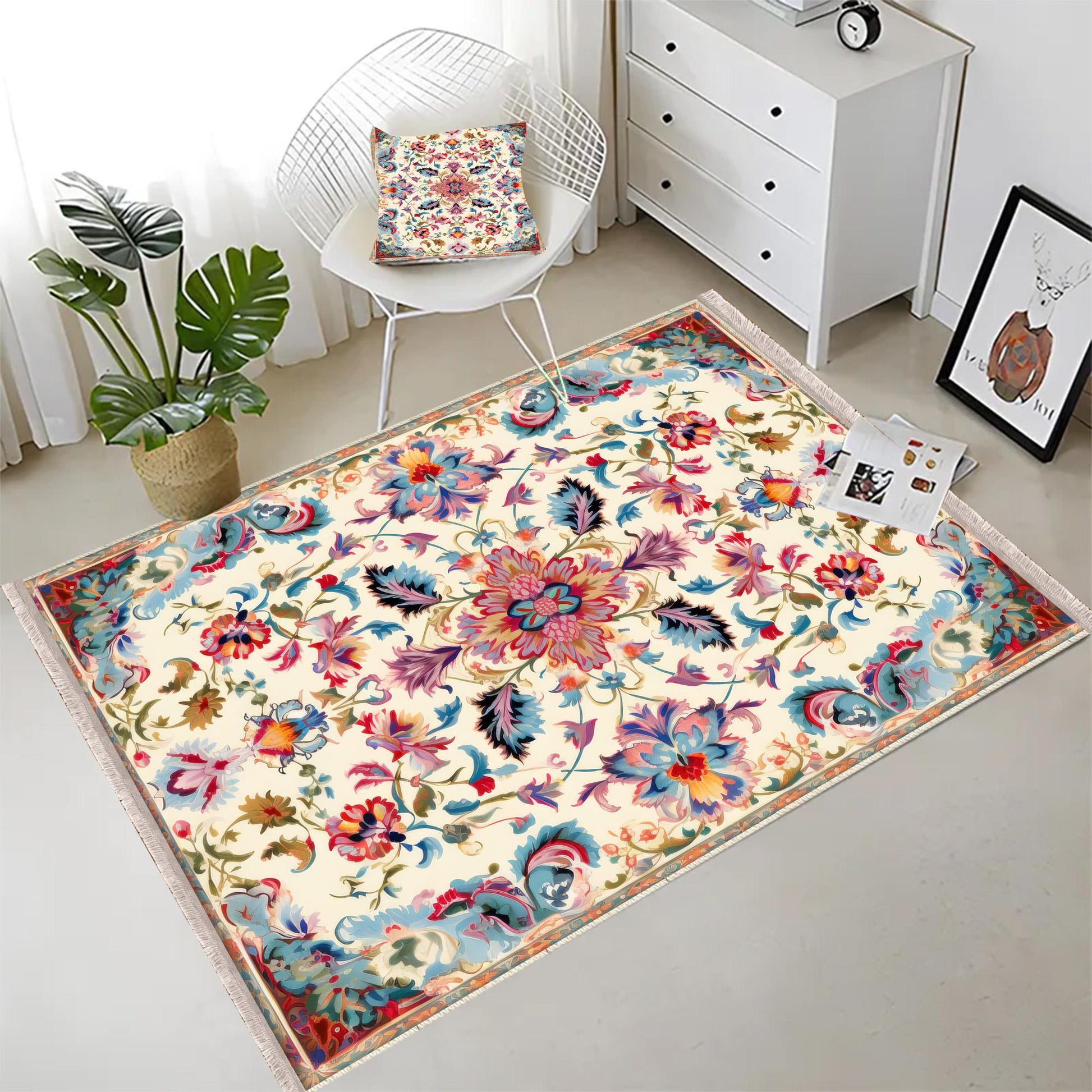 Persian Vintage Style Rug, Colorful Flower Turkish Floral Carpet, Soft Textured Kitchen Runner, Bohemian Area Rugs for Living Room & Bedroom