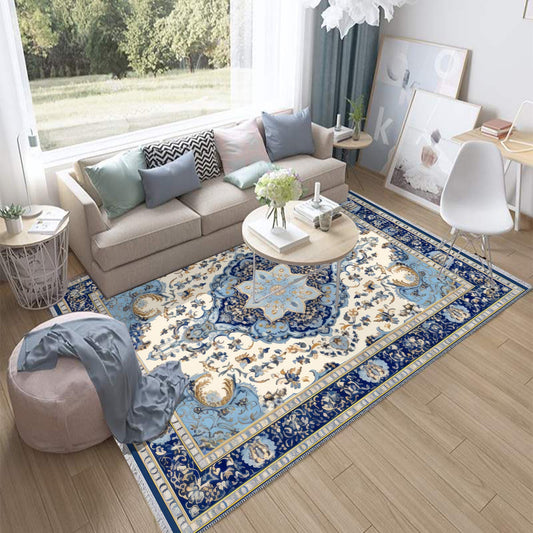 Persian Vintage Style Rug, Dark Blue Retro Turkish Floral Carpet, Soft Textured Kitchen Runner, Bohemian Area Rugs for Living Room & Bedroom