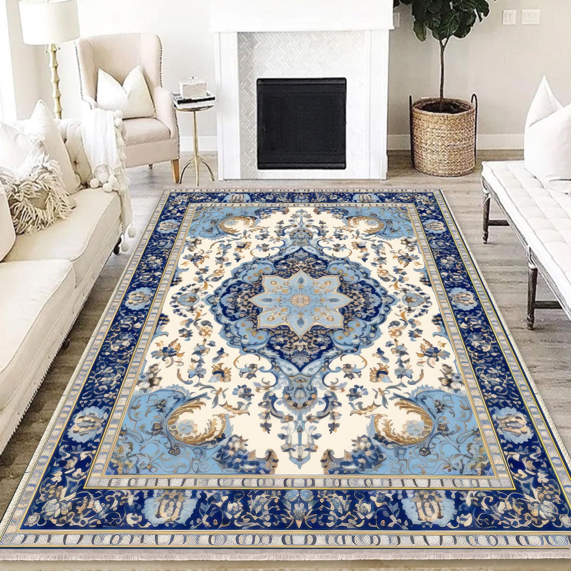 Persian Vintage Style Rug, Dark Blue Retro Turkish Floral Carpet, Soft Textured Kitchen Runner, Bohemian Area Rugs for Living Room & Bedroom