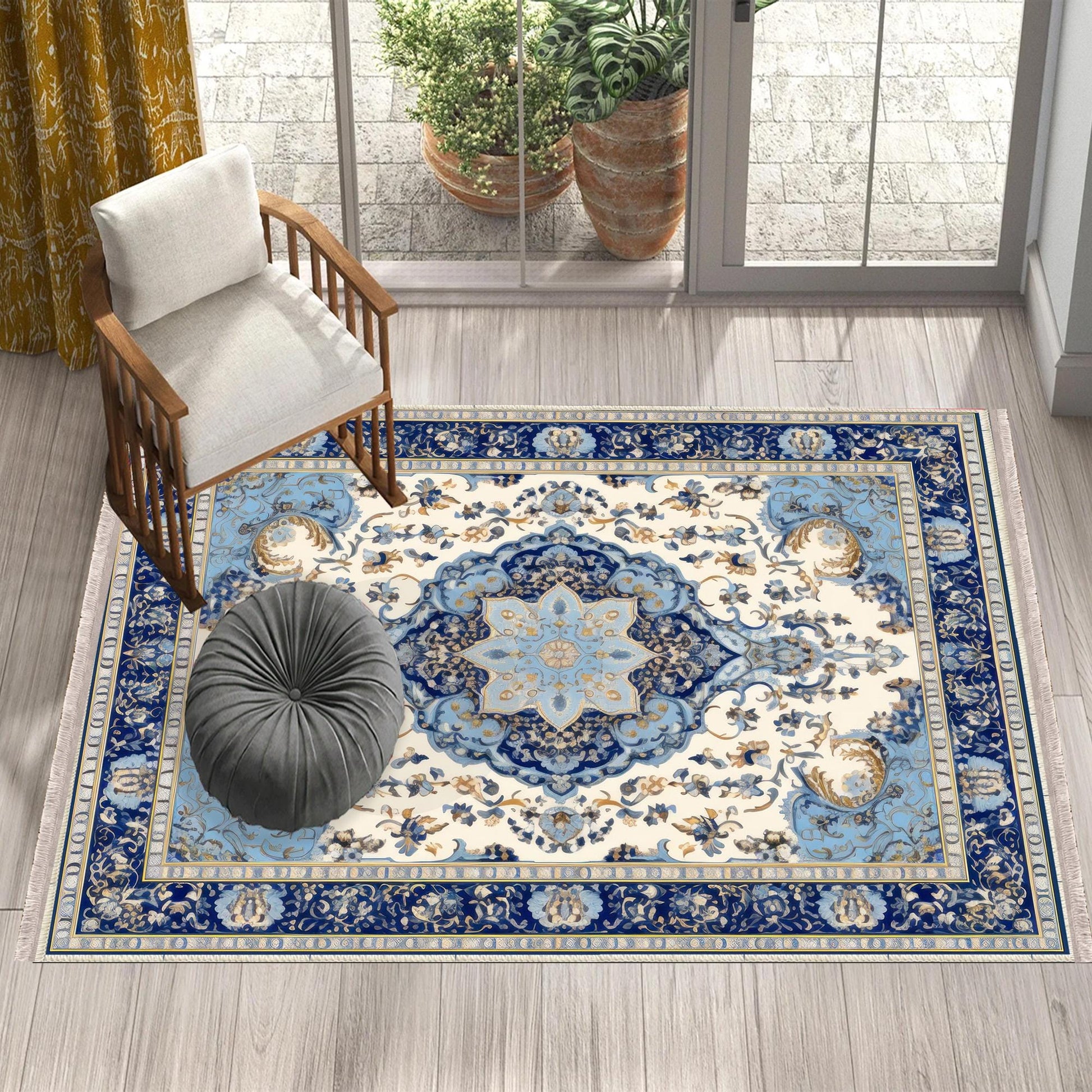 Persian Vintage Style Rug, Dark Blue Retro Turkish Floral Carpet, Soft Textured Kitchen Runner, Bohemian Area Rugs for Living Room & Bedroom