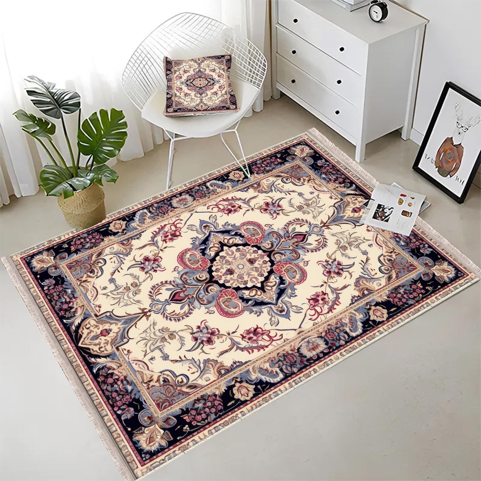 Persian Vintage Style Rug, Red Gray Retro Turkish Floral Carpet, Soft Textured Kitchen Runner, Bohemian Area Rugs for Living Room & Bedroom