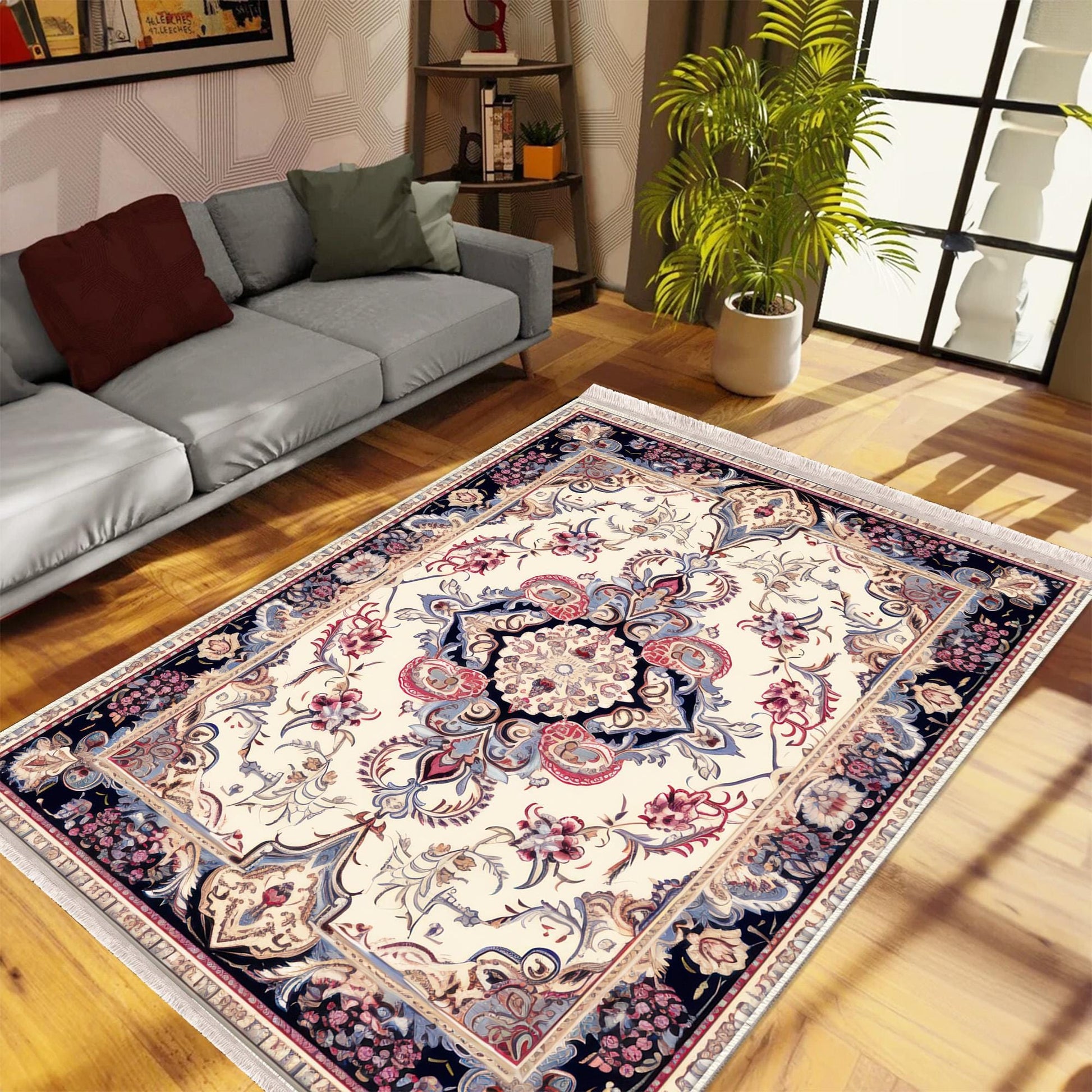 Persian Vintage Style Rug, Red Gray Retro Turkish Floral Carpet, Soft Textured Kitchen Runner, Bohemian Area Rugs for Living Room & Bedroom