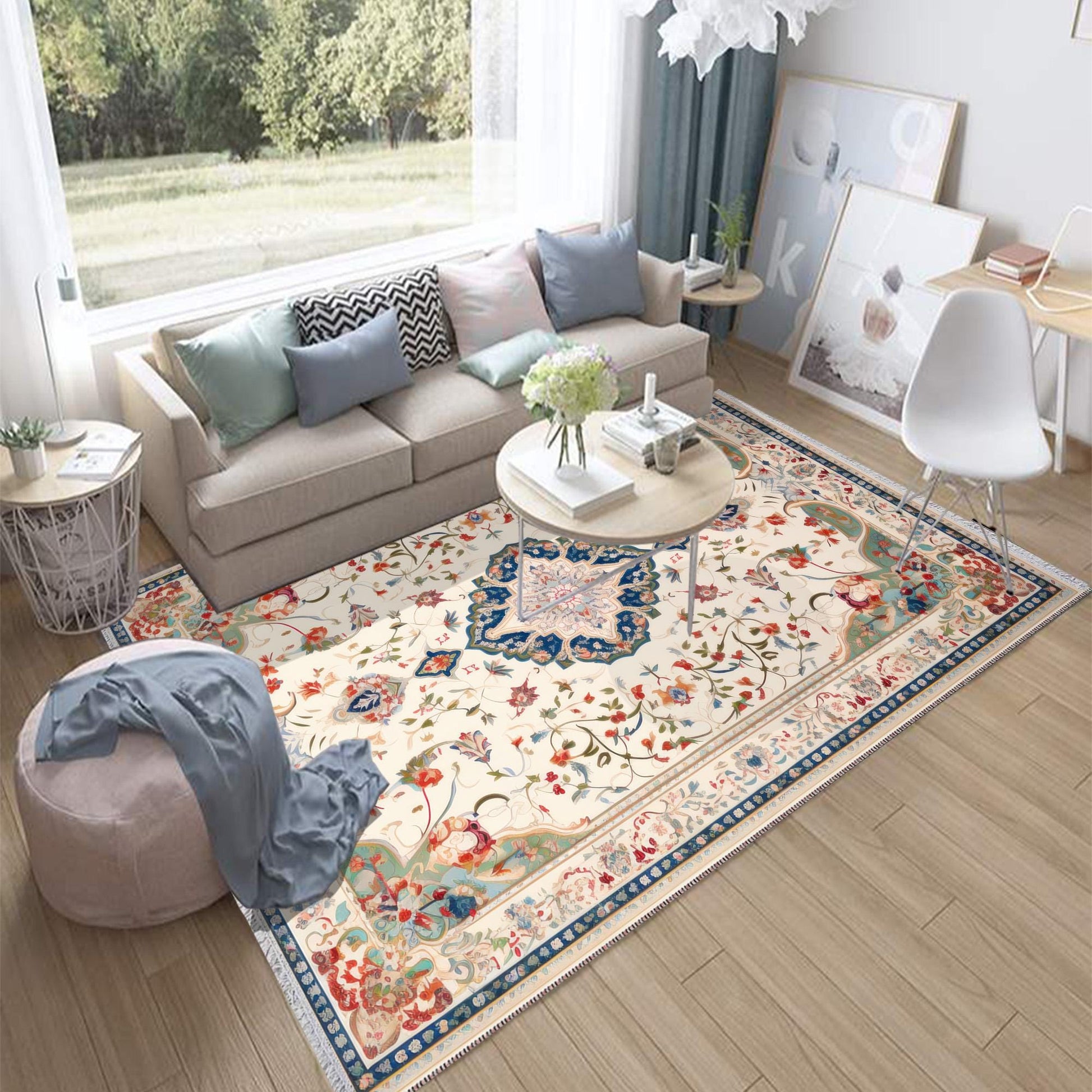 Persian Vintage Style Rug, Cream Red Green Turkish Floral Carpet, Soft Textured Kitchen Runner, Bohemian Area Rugs for Living Room & Bedroom
