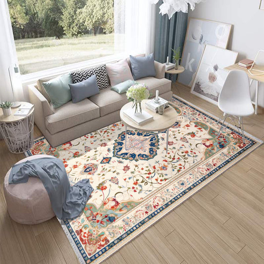 Persian Vintage Style Rug, Cream Red Green Turkish Floral Carpet, Soft Textured Kitchen Runner, Bohemian Area Rugs for Living Room & Bedroom