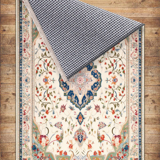 Persian Vintage Style Rug, Cream Red Green Turkish Floral Carpet, Soft Textured Kitchen Runner, Bohemian Area Rugs for Living Room & Bedroom