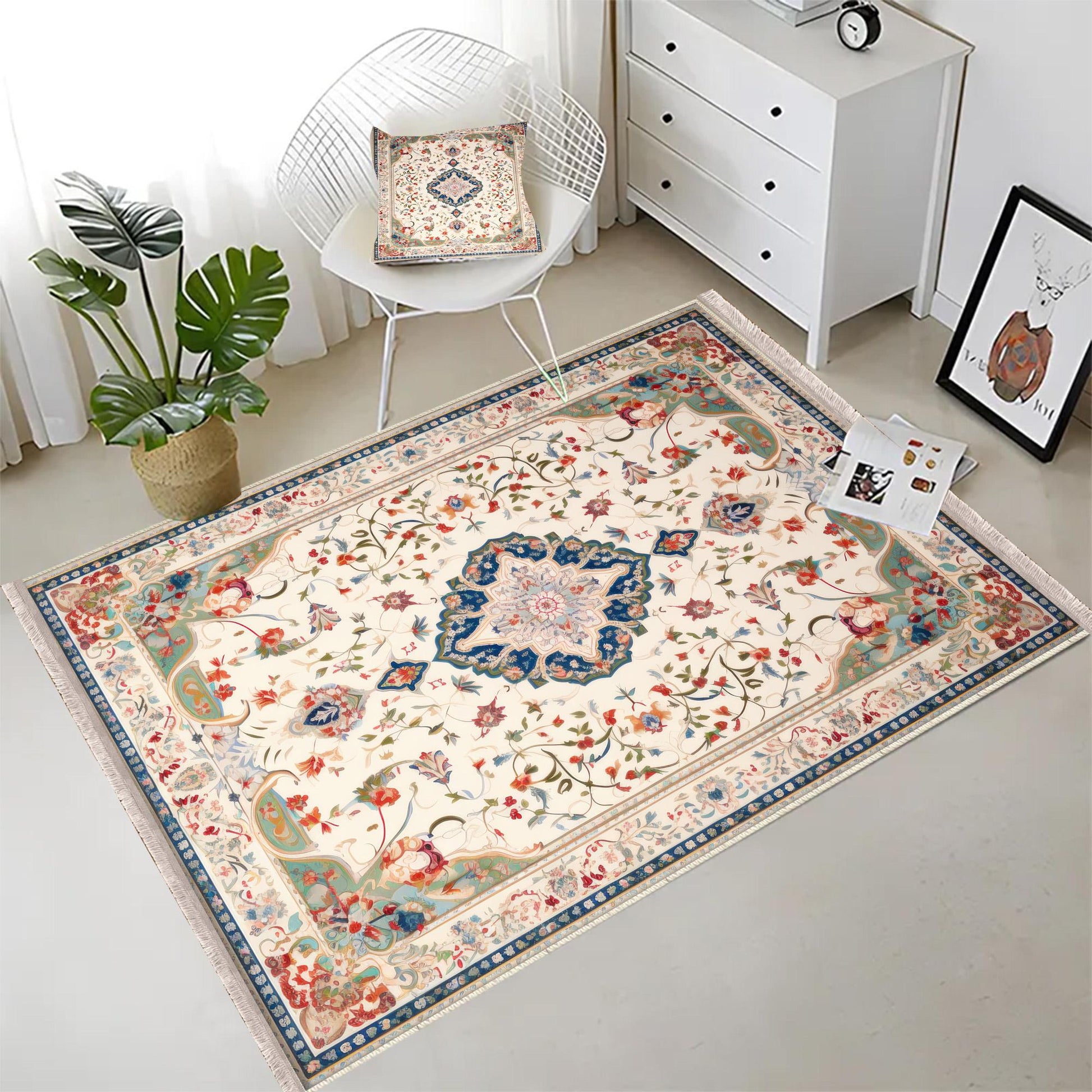 Persian Vintage Style Rug, Cream Red Green Turkish Floral Carpet, Soft Textured Kitchen Runner, Bohemian Area Rugs for Living Room & Bedroom