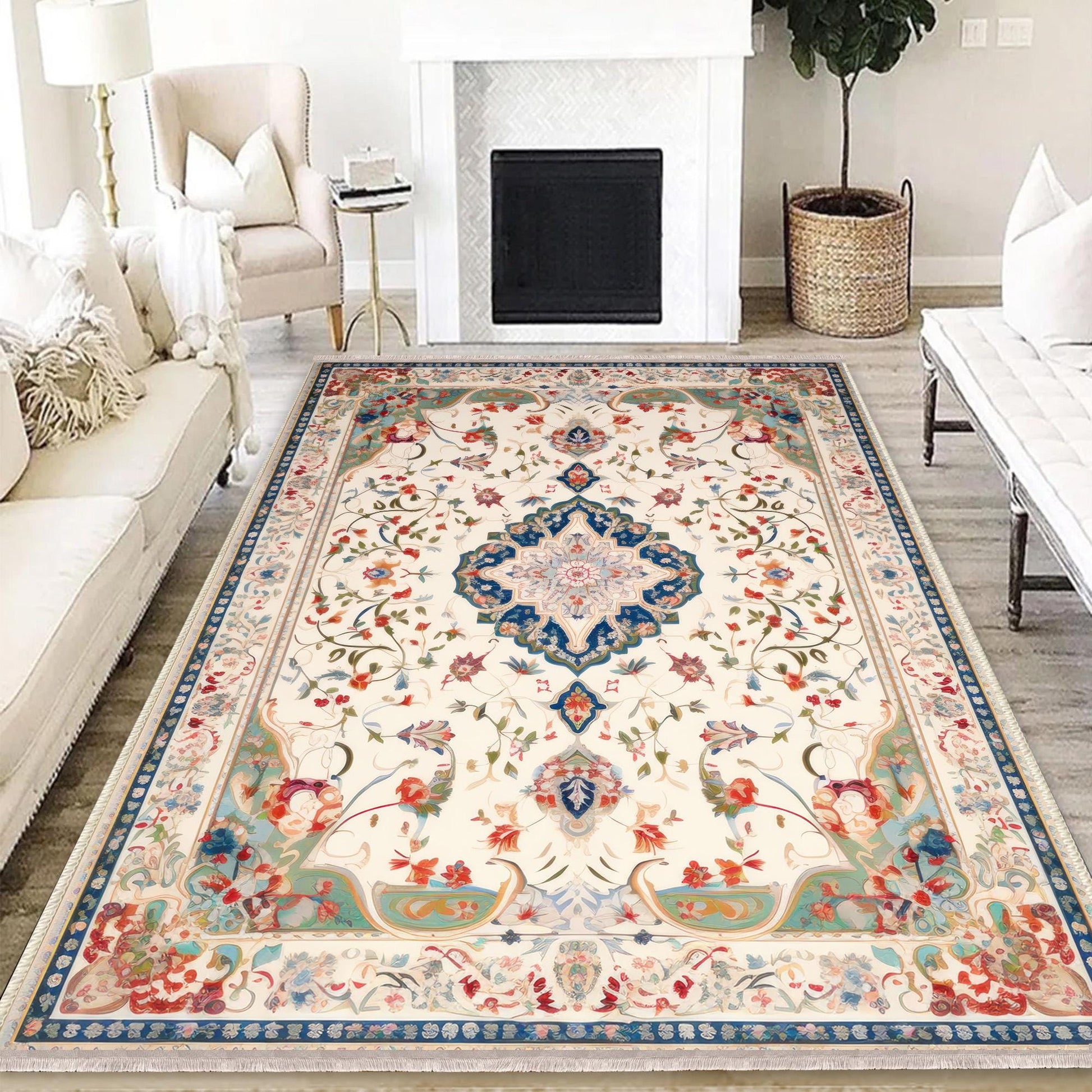 Persian Vintage Style Rug, Cream Red Green Turkish Floral Carpet, Soft Textured Kitchen Runner, Bohemian Area Rugs for Living Room & Bedroom