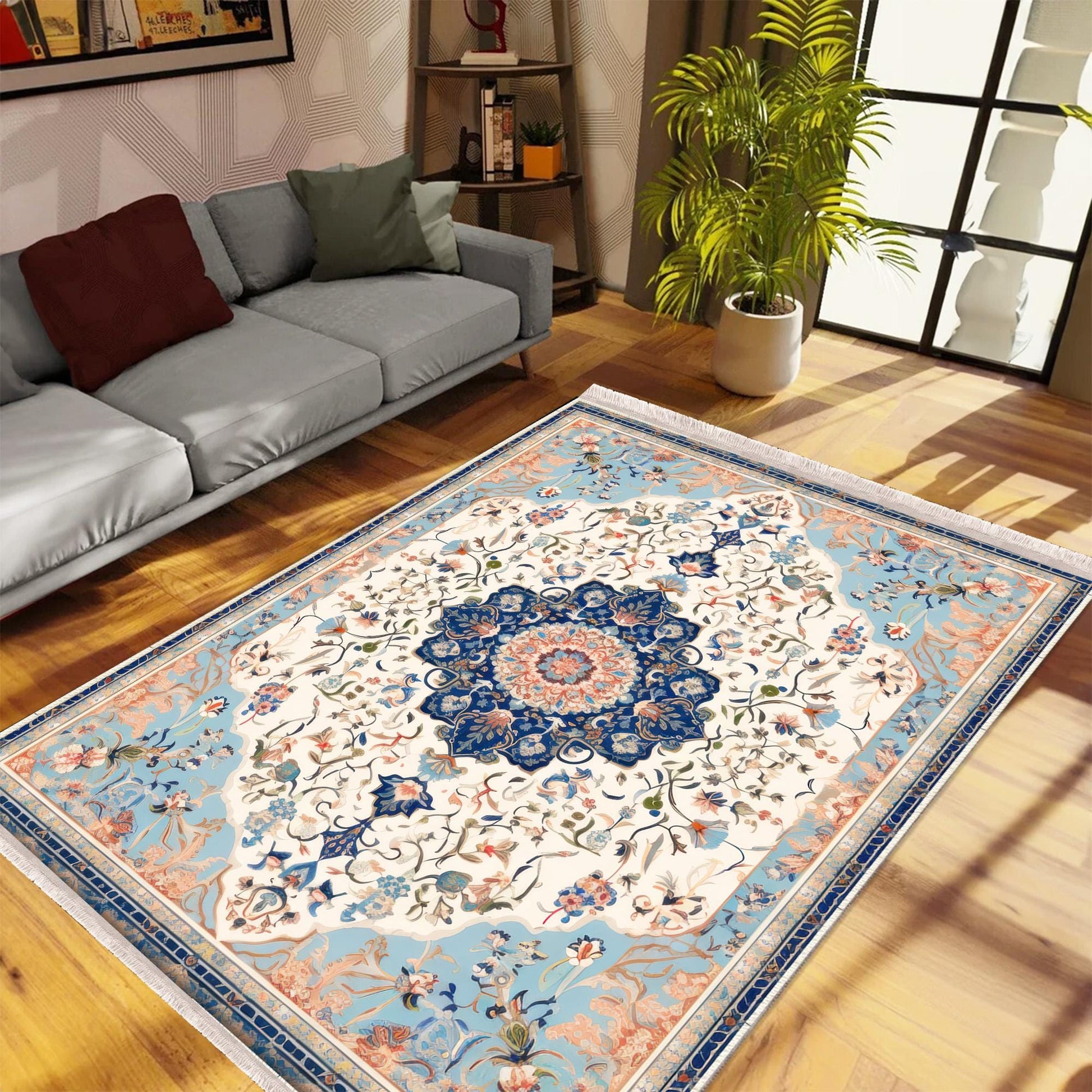 Persian Vintage Style Rug, Blue Cream Brown Turkish Floral Carpet, Soft Textured Kitchen Runner, Bohemian Area Rugs for Living Room Bedroom