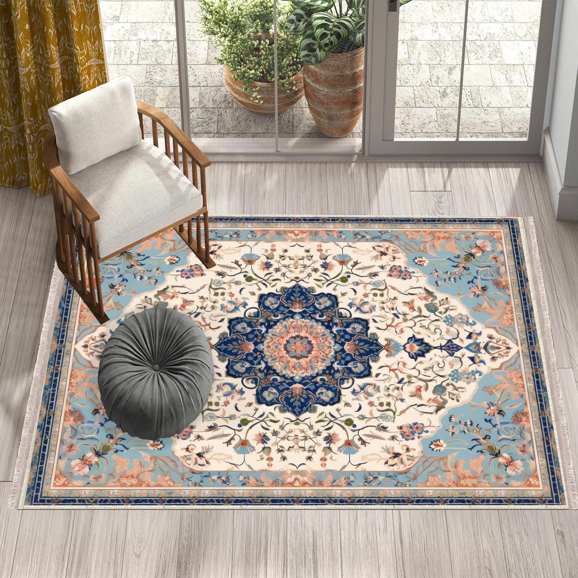 Persian Vintage Style Rug, Blue Cream Brown Turkish Floral Carpet, Soft Textured Kitchen Runner, Bohemian Area Rugs for Living Room Bedroom