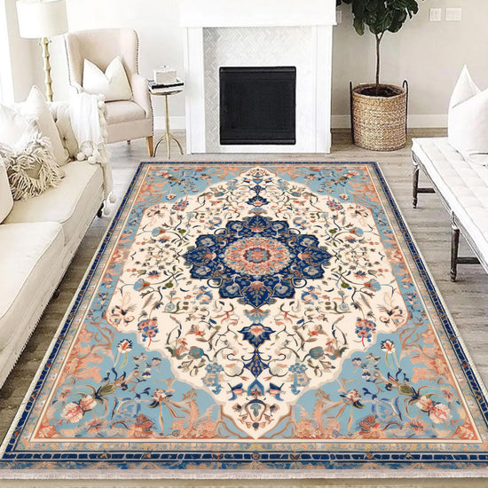 Persian Vintage Style Rug, Blue Cream Brown Turkish Floral Carpet, Soft Textured Kitchen Runner, Bohemian Area Rugs for Living Room Bedroom