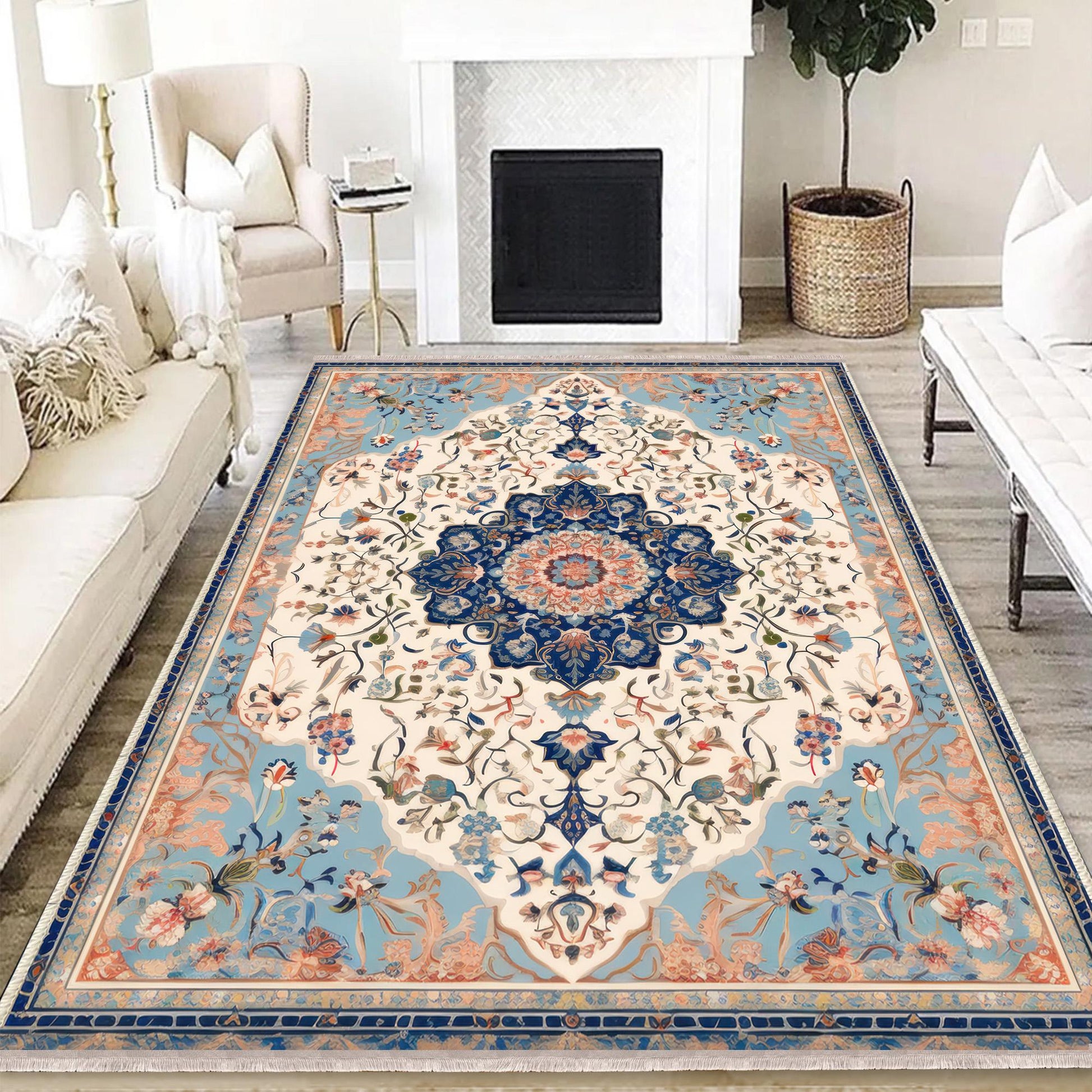 Persian Vintage Style Rug, Blue Cream Brown Turkish Floral Carpet, Soft Textured Kitchen Runner, Bohemian Area Rugs for Living Room Bedroom