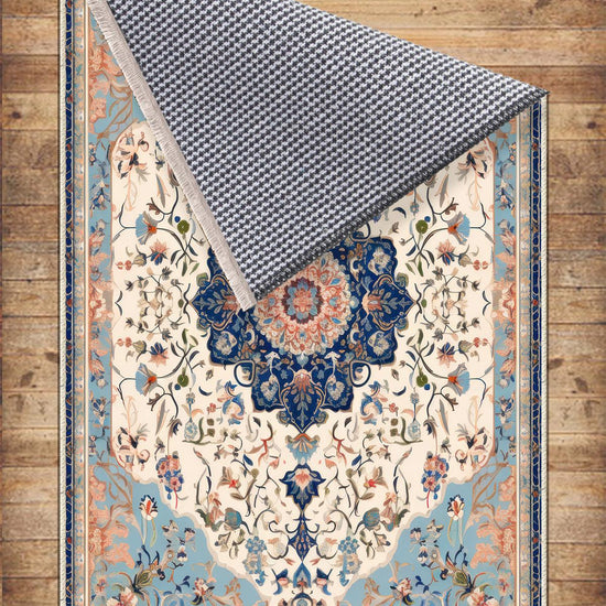 Persian Vintage Style Rug, Blue Cream Brown Turkish Floral Carpet, Soft Textured Kitchen Runner, Bohemian Area Rugs for Living Room Bedroom