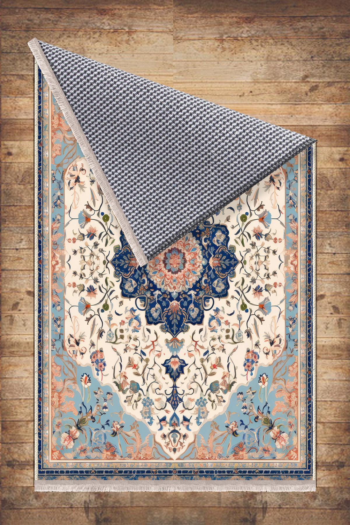 Persian Vintage Style Rug, Blue Cream Brown Turkish Floral Carpet, Soft Textured Kitchen Runner, Bohemian Area Rugs for Living Room Bedroom