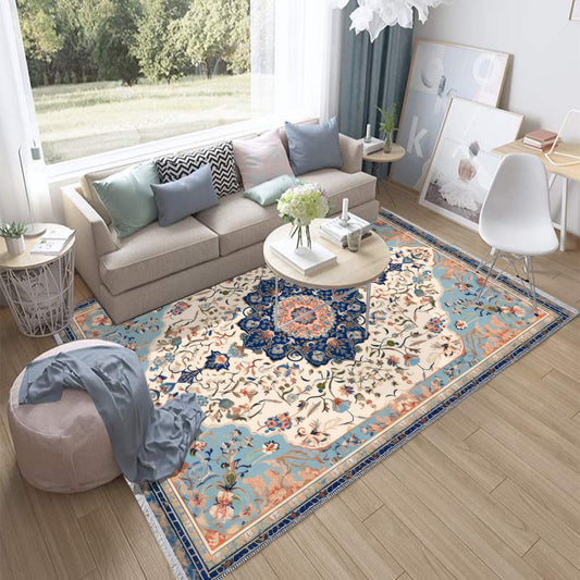 Persian Vintage Style Rug, Blue Cream Brown Turkish Floral Carpet, Soft Textured Kitchen Runner, Bohemian Area Rugs for Living Room Bedroom