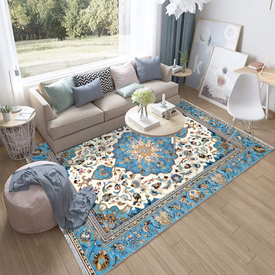 Persian Vintage Style Rug, Blue Ethnic Turkish Floral Carpet, Soft Textured Kitchen Runner, Bohemian Area Rugs for Living Room Bedroom