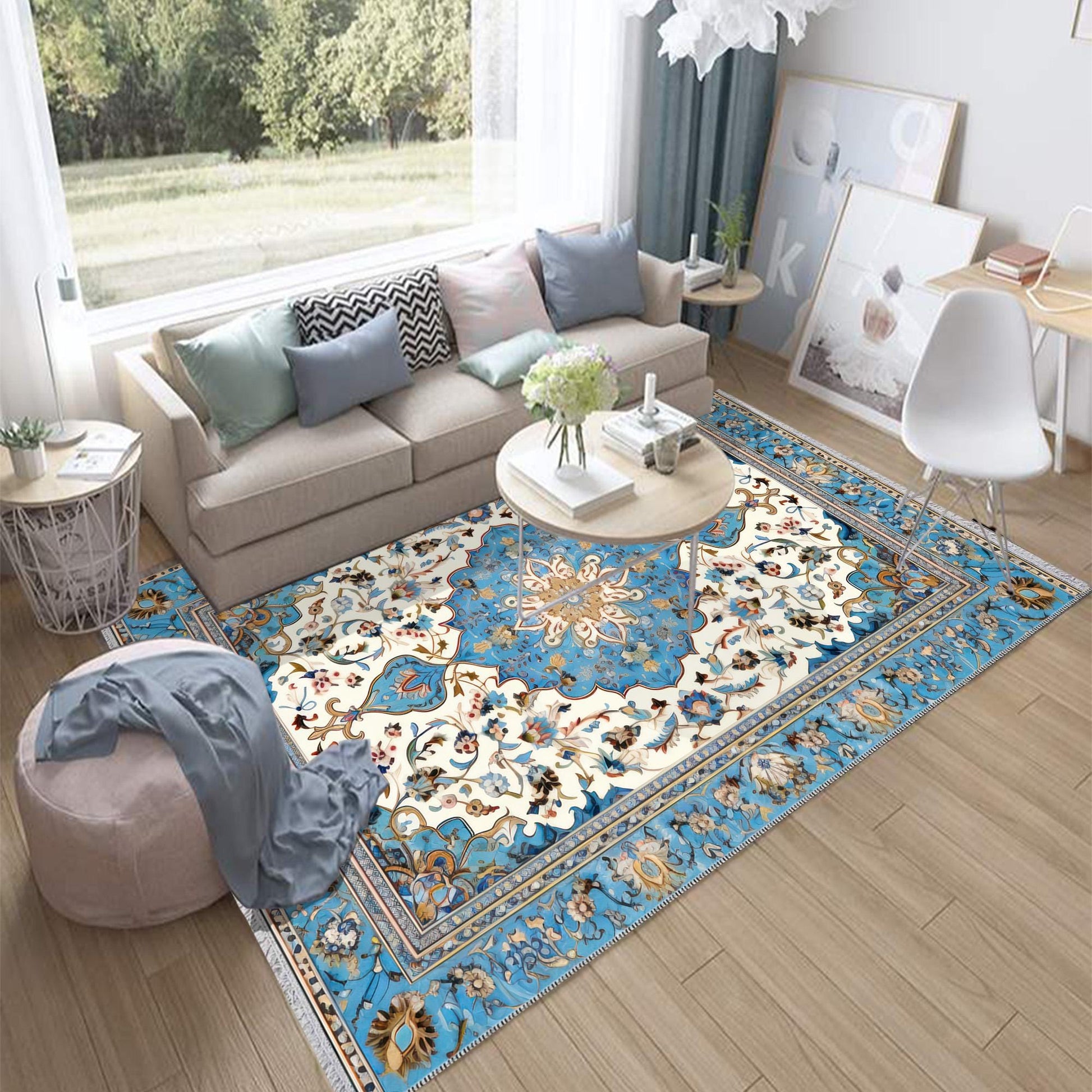 Persian Vintage Style Rug, Blue Ethnic Turkish Floral Carpet, Soft Textured Kitchen Runner, Bohemian Area Rugs for Living Room Bedroom