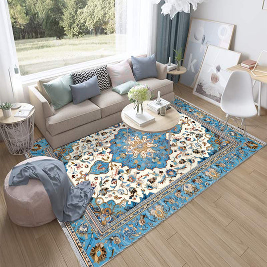 Persian Vintage Style Rug, Blue Ethnic Turkish Floral Carpet, Soft Textured Kitchen Runner, Bohemian Area Rugs for Living Room Bedroom