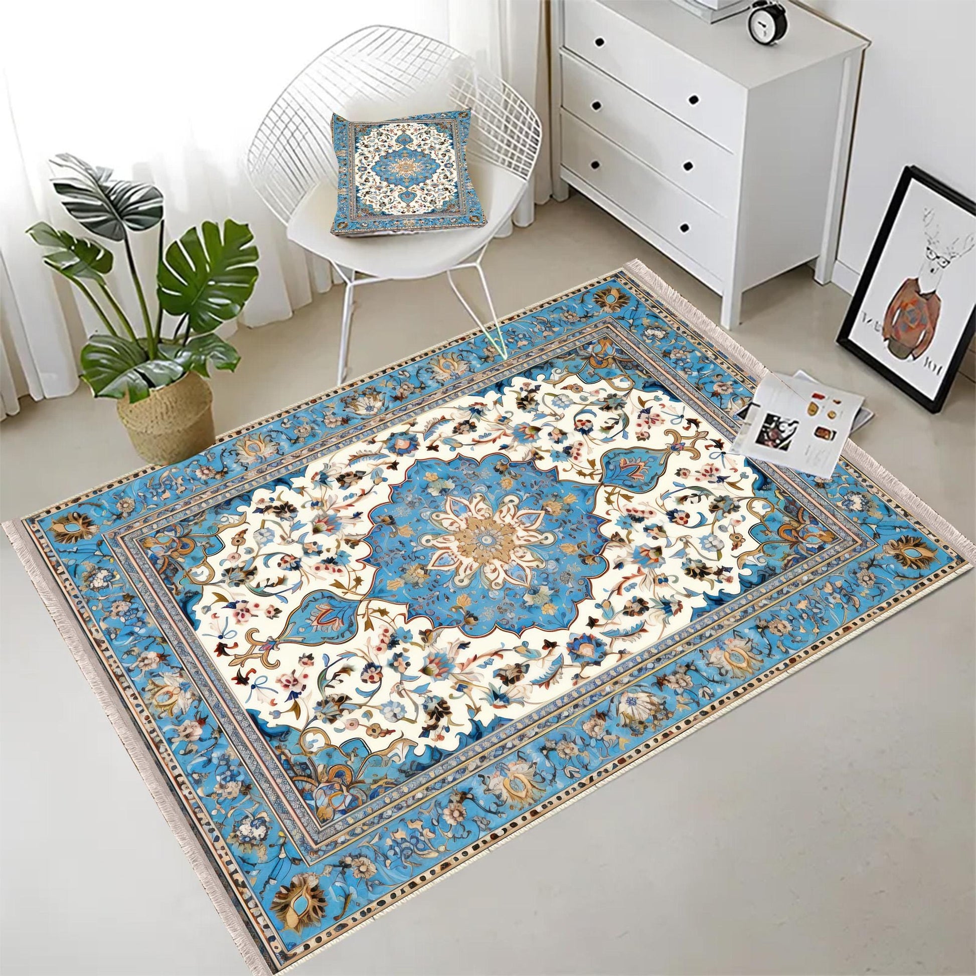 Persian Vintage Style Rug, Blue Ethnic Turkish Floral Carpet, Soft Textured Kitchen Runner, Bohemian Area Rugs for Living Room Bedroom