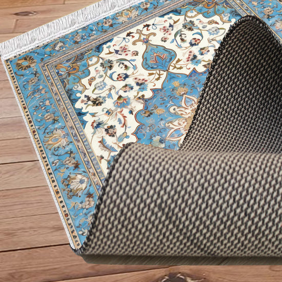 Persian Vintage Style Rug, Blue Ethnic Turkish Floral Carpet, Soft Textured Kitchen Runner, Bohemian Area Rugs for Living Room Bedroom