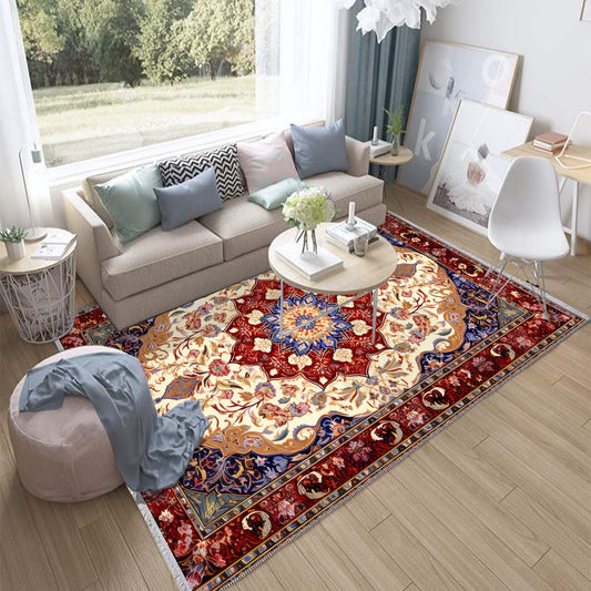 Persian Vintage Style Rug, Blue Red Burgundy Turkish Ottoman Carpet, Soft Textured Kitchen Runner Bohemian Area Rug for Living Room Bedroom