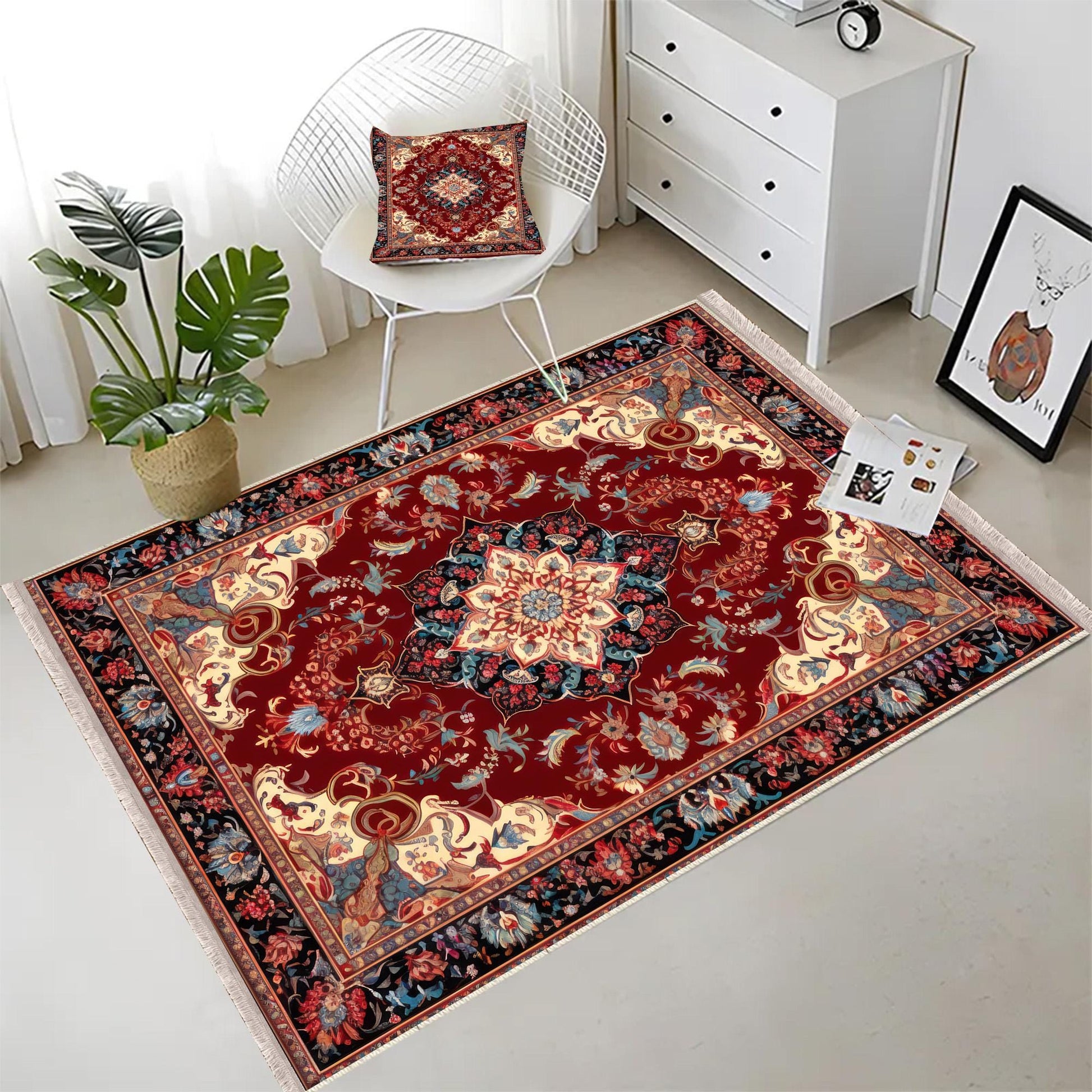Persian Vintage Style Rug, Red Burgundy Turkish Ottoman Carpet, Soft Textured Kitchen Runner Bohemian Area Rug for Living Room Bedroom