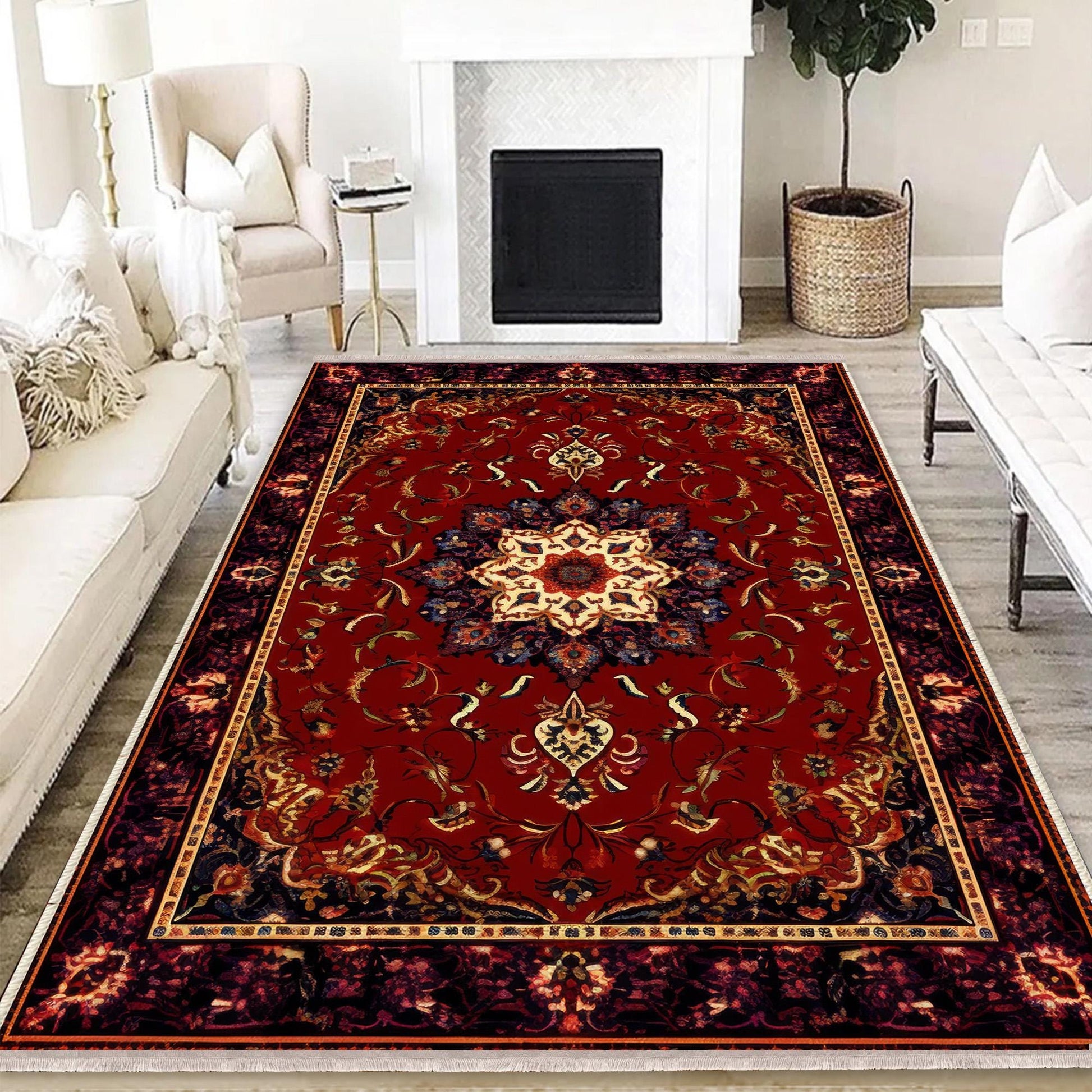 Persian Vintage Style Rug, Red Burgundy Turkish Ottoman Carpet, Soft Textured Kitchen Runner, Bohemian Area Rug for Living Room Bedroom