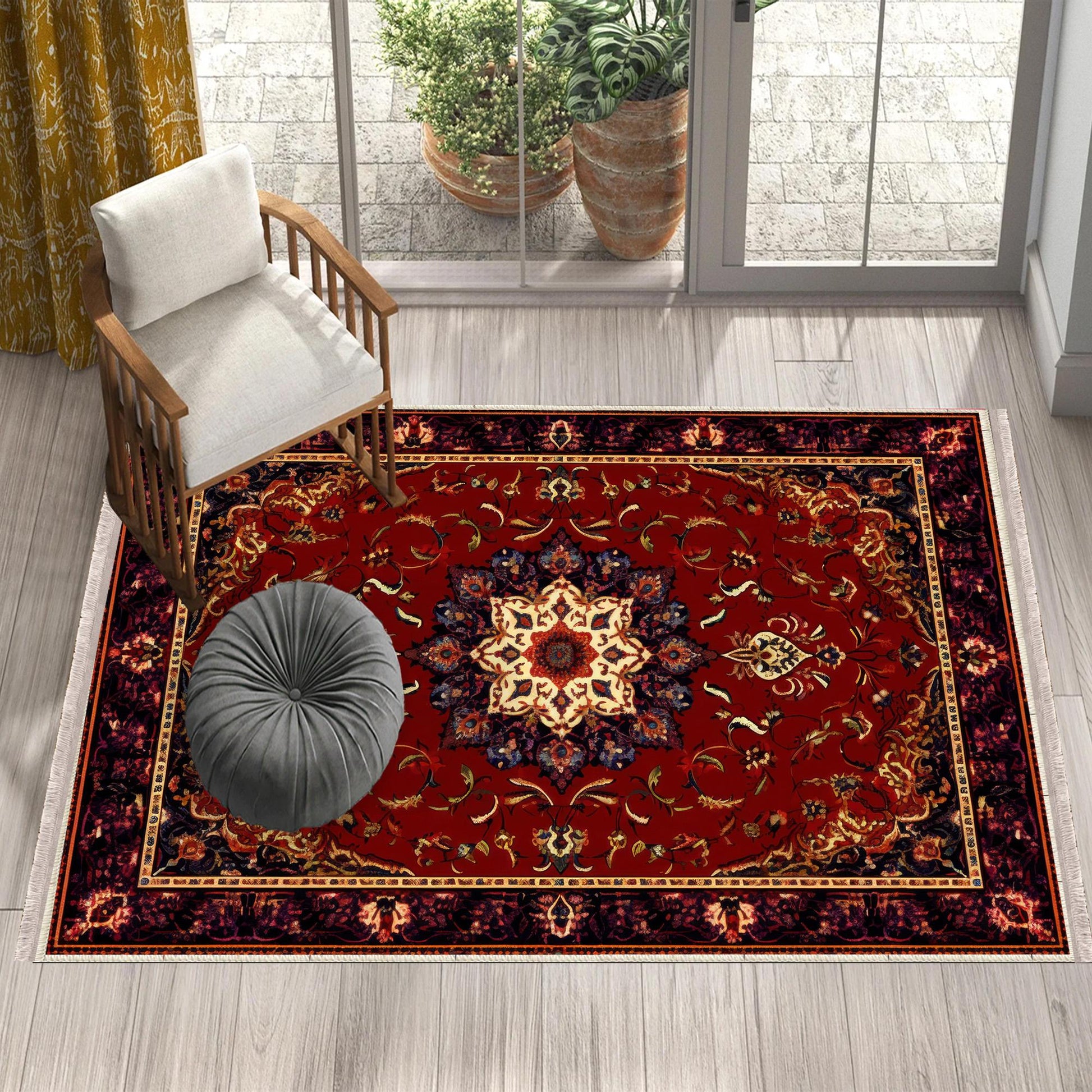 Persian Vintage Style Rug, Red Burgundy Turkish Ottoman Carpet, Soft Textured Kitchen Runner, Bohemian Area Rug for Living Room Bedroom