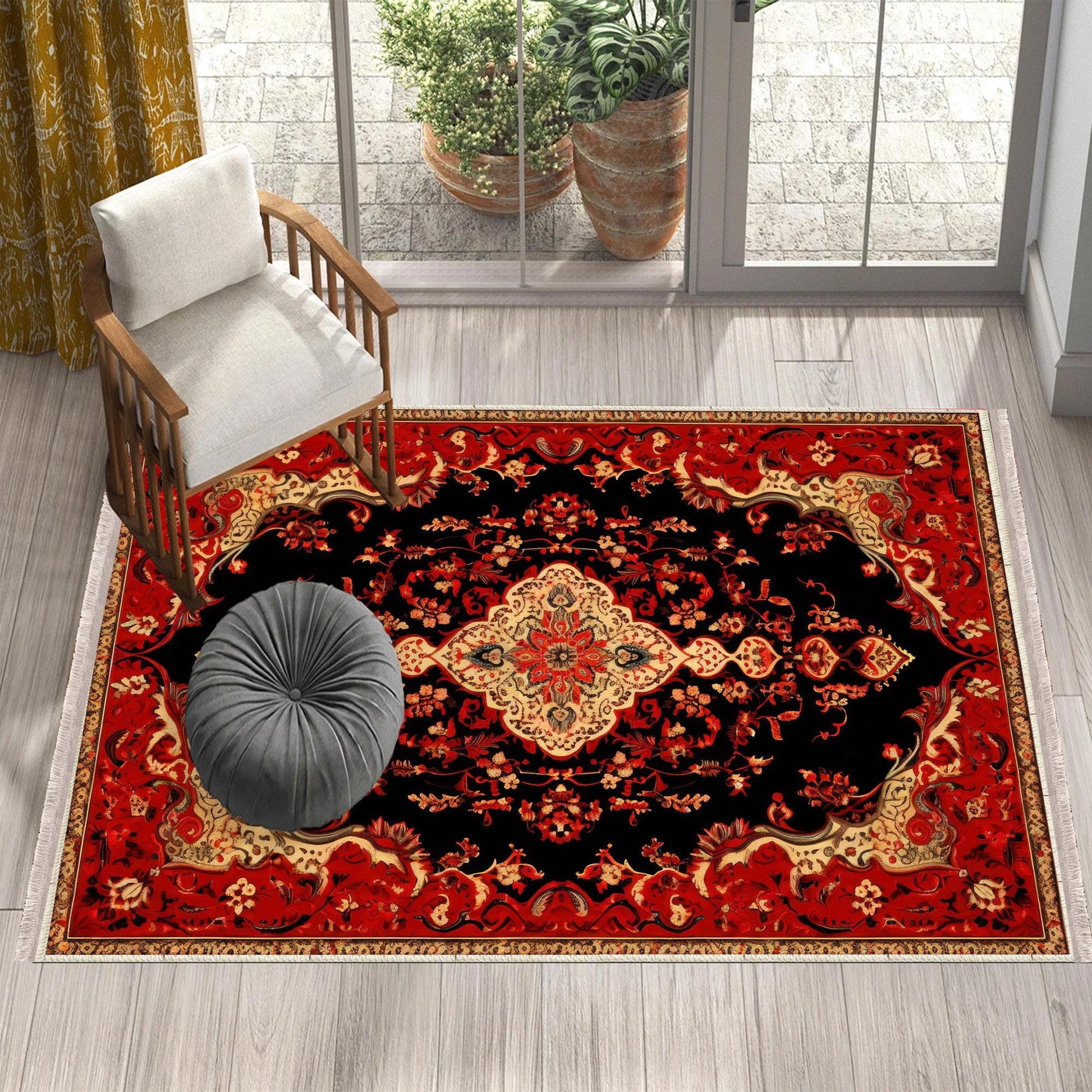 Persian Vintage Style Rug, Red Black Turkish Ottoman Carpet, Soft Textured Kitchen Runner, Bohemian Area Rug for Living Room Bedroom