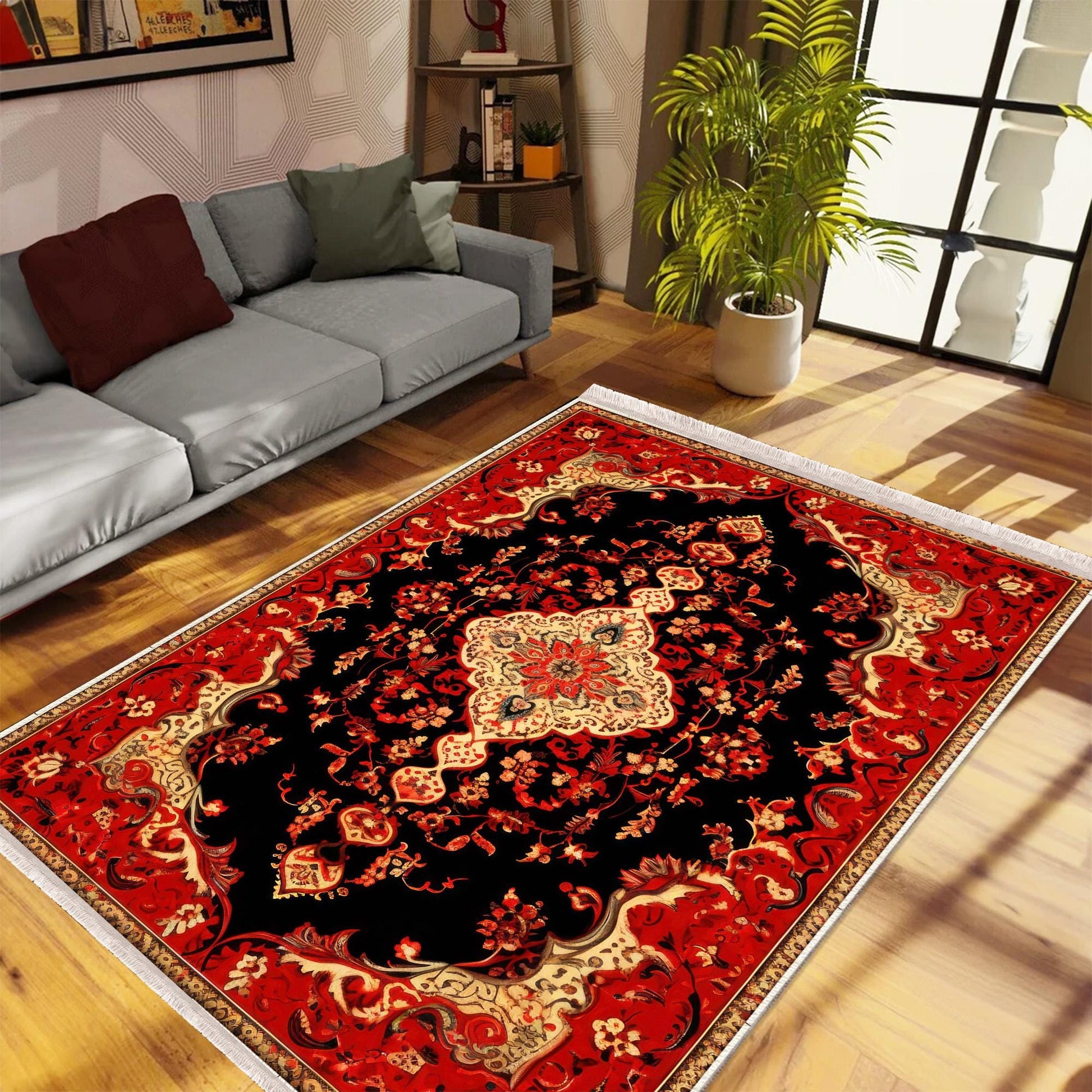 Persian Vintage Style Rug, Red Black Turkish Ottoman Carpet, Soft Textured Kitchen Runner, Bohemian Area Rug for Living Room Bedroom
