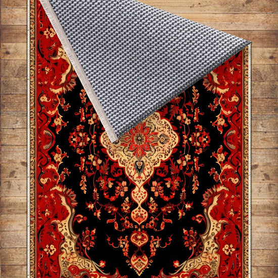 Persian Vintage Style Rug, Red Black Turkish Ottoman Carpet, Soft Textured Kitchen Runner, Bohemian Area Rug for Living Room Bedroom