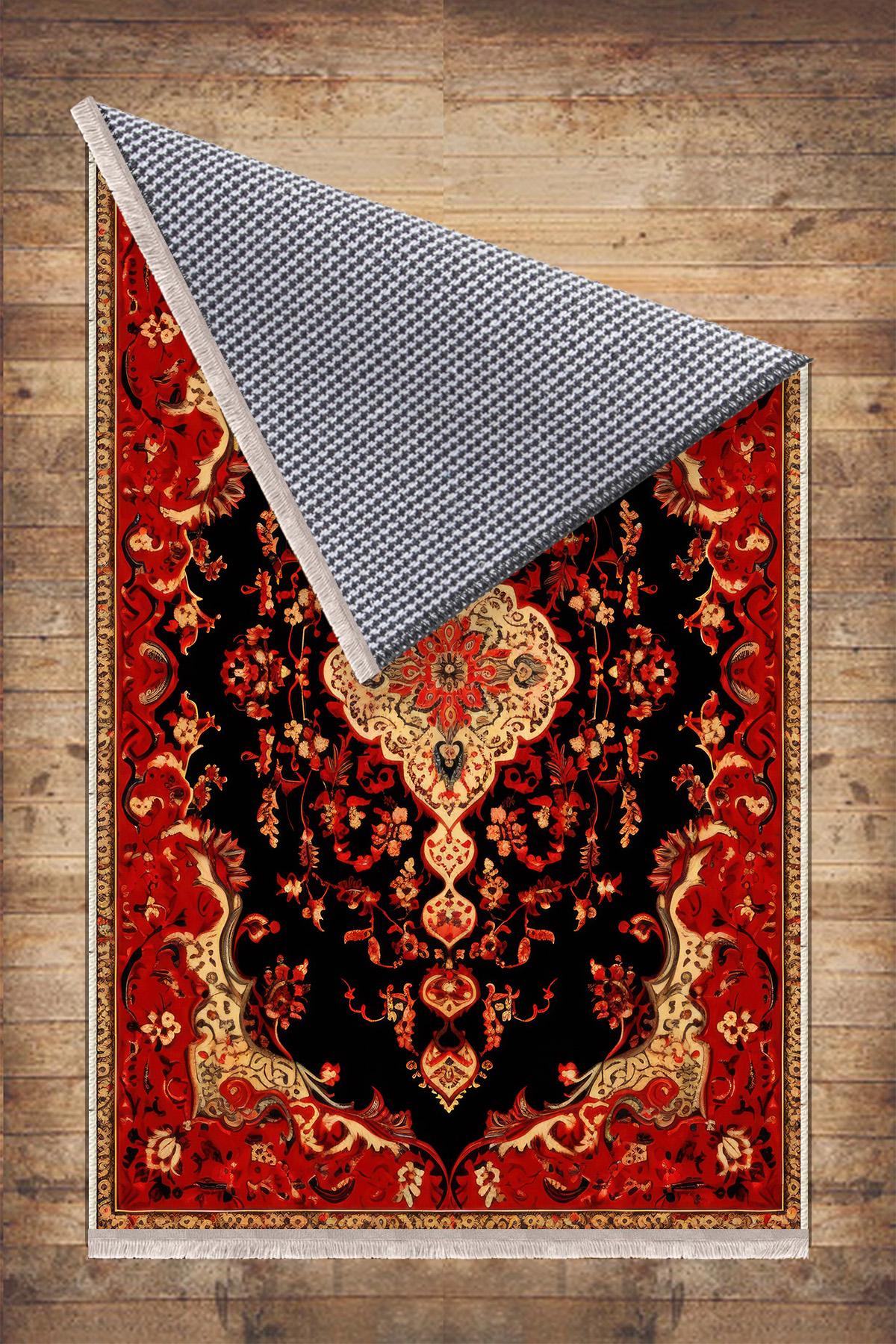 Persian Vintage Style Rug, Red Black Turkish Ottoman Carpet, Soft Textured Kitchen Runner, Bohemian Area Rug for Living Room Bedroom