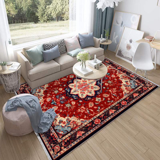 Persian Vintage Style Rug, Red Burgundy Turkish Ottoman Carpet, Soft Textured Kitchen Runner, Bohemian Area Rug for Living Room Bedroom