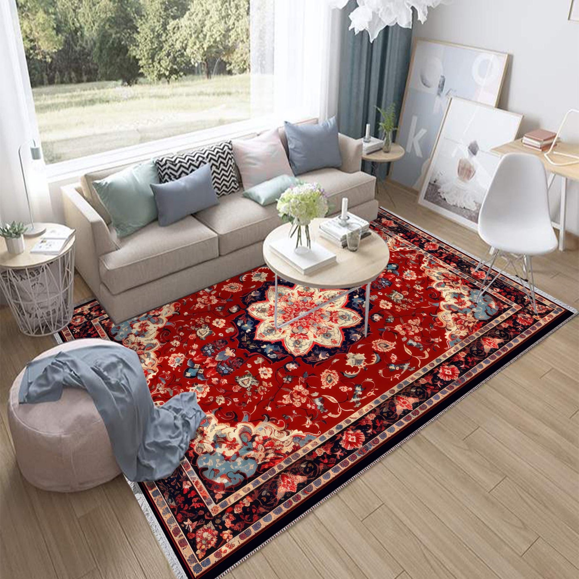 Persian Vintage Style Rug, Red Burgundy Turkish Ottoman Carpet, Soft Textured Kitchen Runner, Bohemian Area Rug for Living Room Bedroom