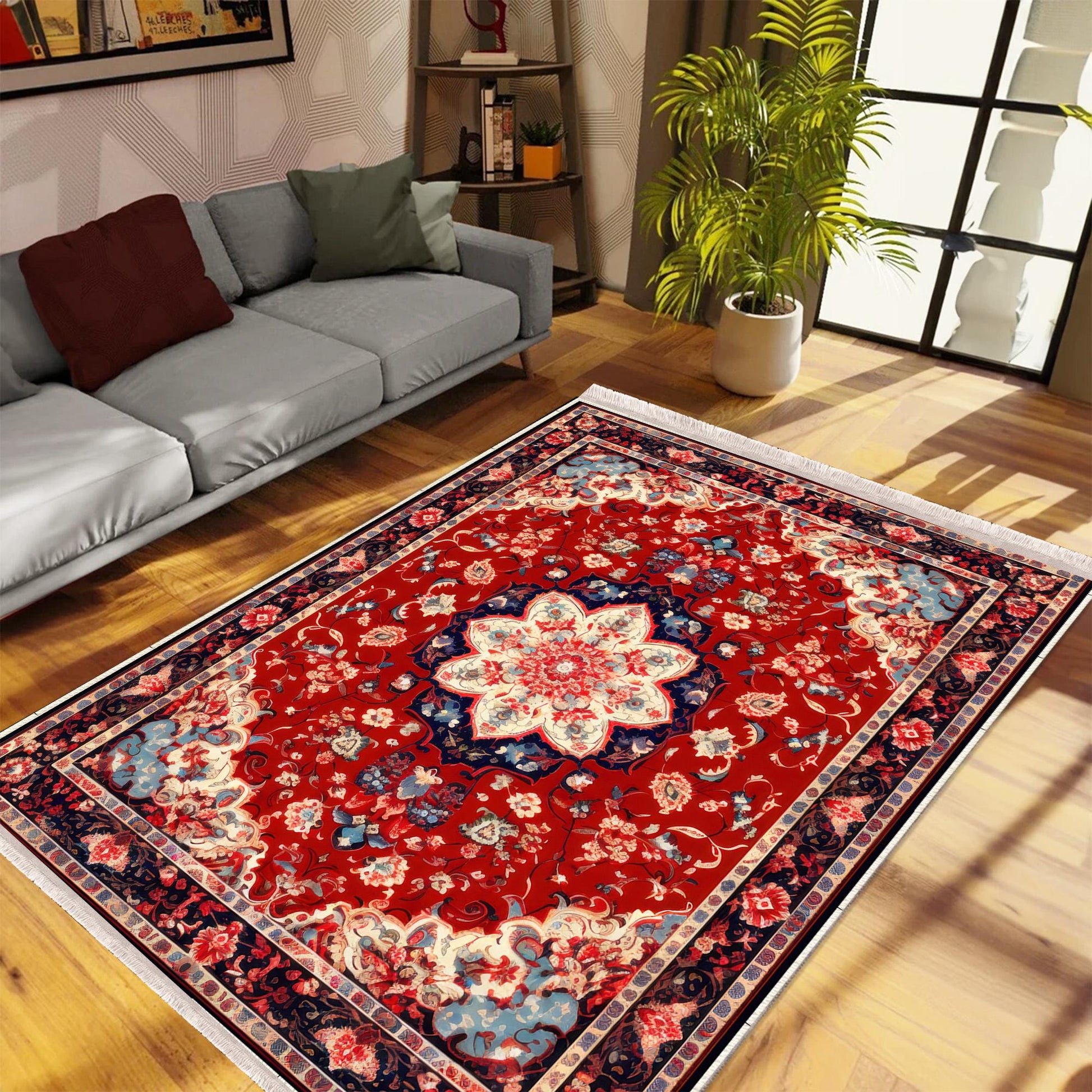 Persian Vintage Style Rug, Red Burgundy Turkish Ottoman Carpet, Soft Textured Kitchen Runner, Bohemian Area Rug for Living Room Bedroom