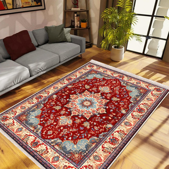 Persian Vintage Style Rug, Red Brown Green Turkish Ottoman Carpet, Soft Textured Kitchen Runner, Bohemian Area Rug for Living Room Bedroom