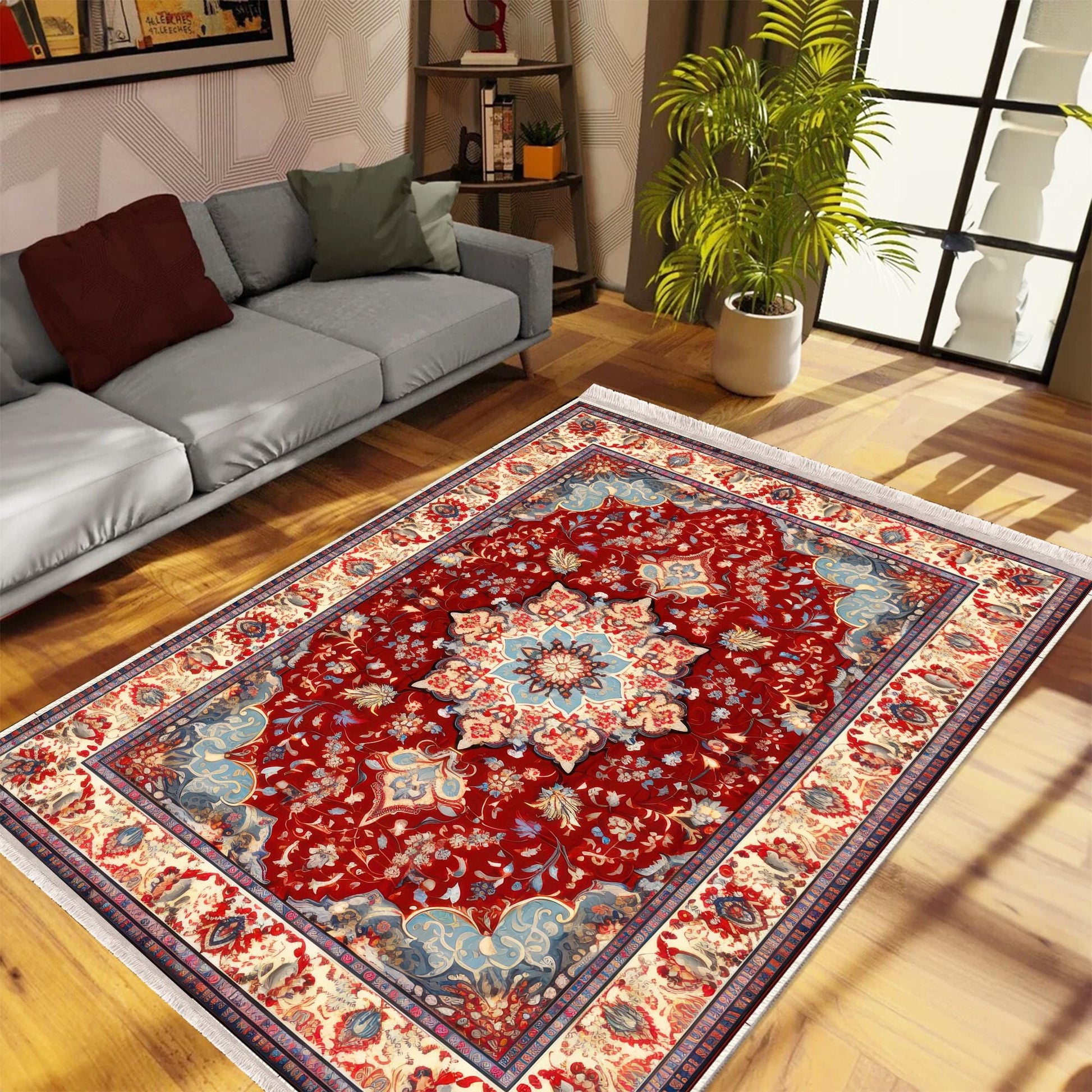 Persian Vintage Style Rug, Red Brown Green Turkish Ottoman Carpet, Soft Textured Kitchen Runner, Bohemian Area Rug for Living Room Bedroom