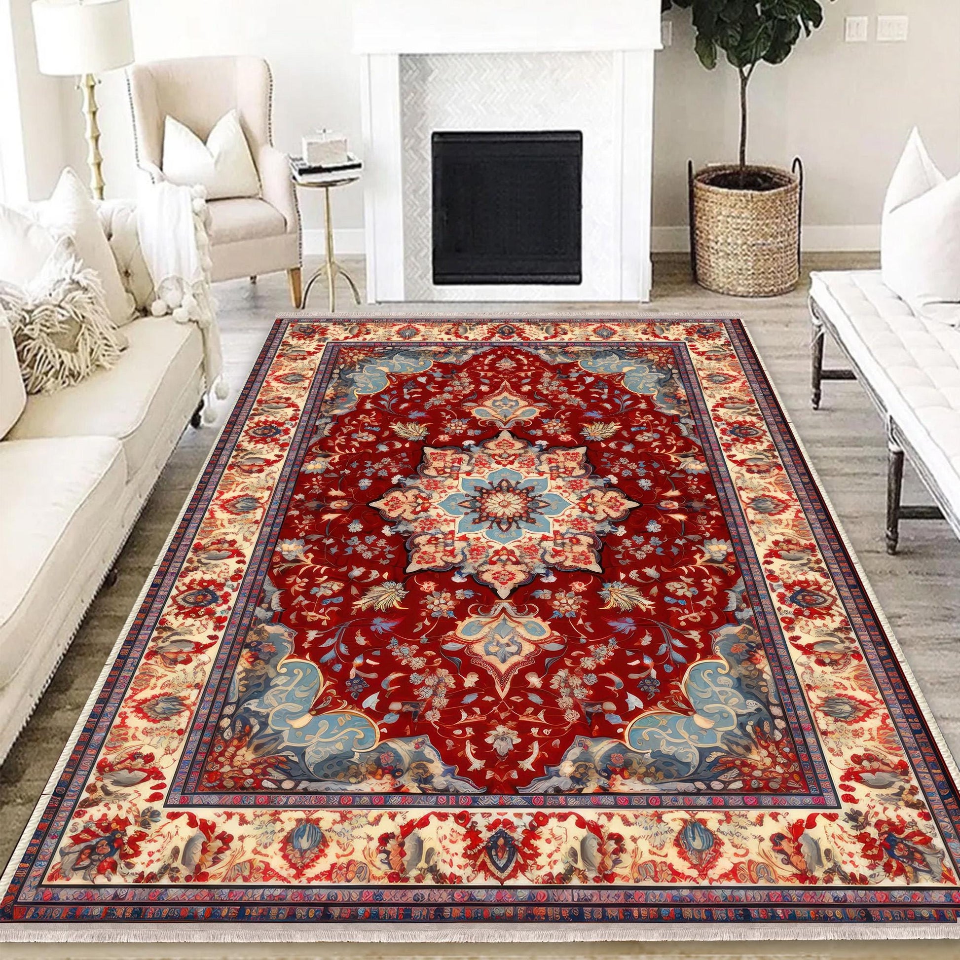 Persian Vintage Style Rug, Red Brown Green Turkish Ottoman Carpet, Soft Textured Kitchen Runner, Bohemian Area Rug for Living Room Bedroom