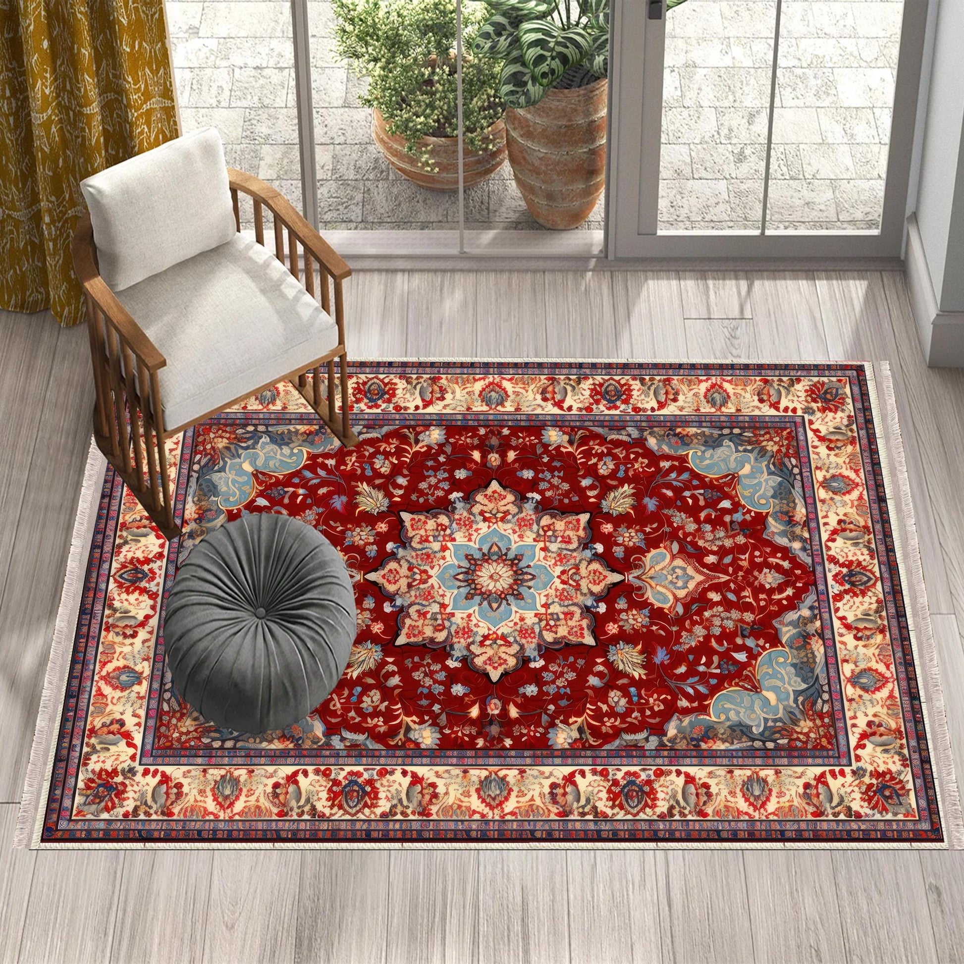 Persian Vintage Style Rug, Red Brown Green Turkish Ottoman Carpet, Soft Textured Kitchen Runner, Bohemian Area Rug for Living Room Bedroom